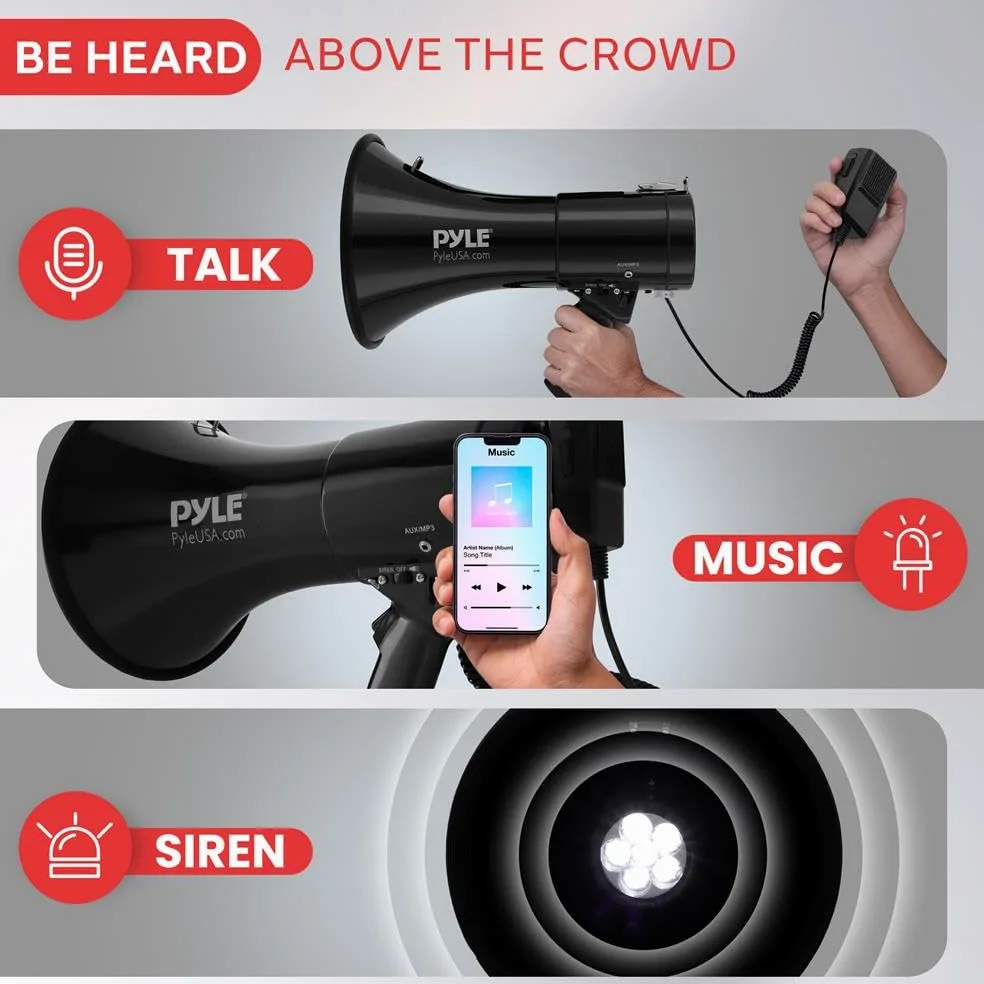 Pyle Altavoz megáfono PA Compacto portátil, megáfono Recargable de 50 W con Sirena, Volumen Ajustable, Altavoz de Mano Ligero, para Entrenadores, árbitros y Salvavidas