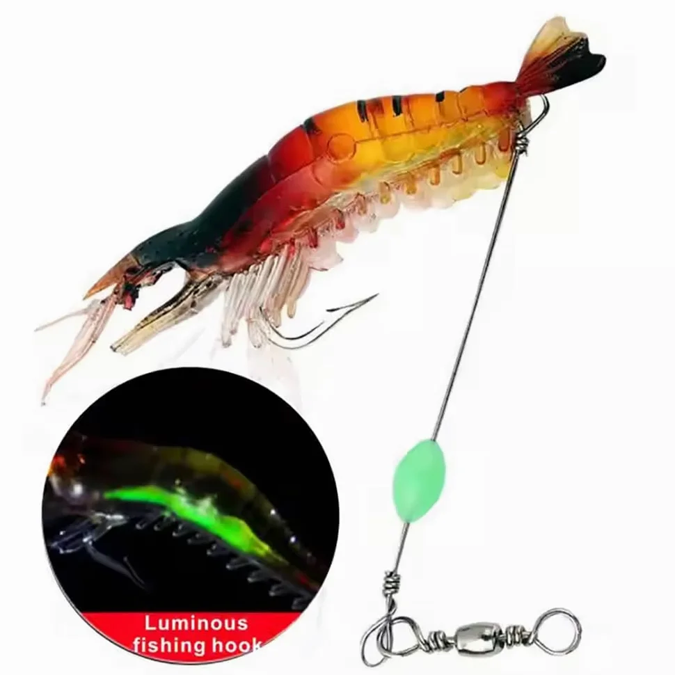 Cebos de pesca, Camarones luminosos artificiales,Señuelo de pesca luminoso,con anzuelo afilado,Señuelo de silicona suave,Gancho afilado for aparejos de camarones,Juego de cebo suave de silicona artifi