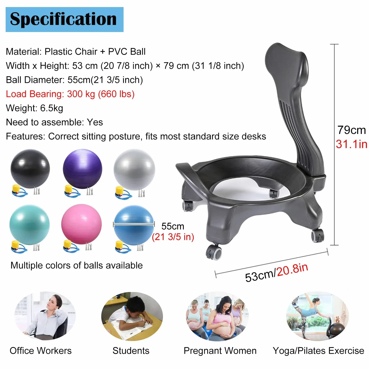 Equilibrio Silla de Oficina con Balón Medicinal para Adultos, Silla Inflable de Equilibrio con Base de Rodillo