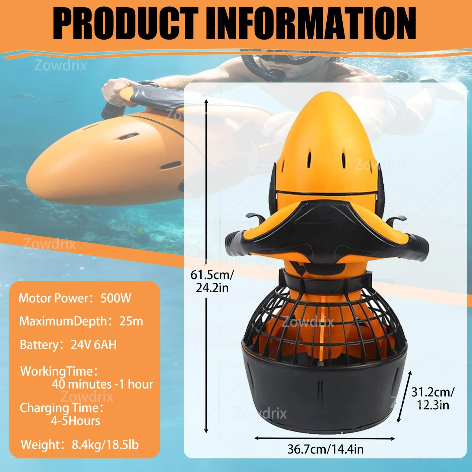 Scooter Submarino con Motor Sin Escobillas De 500 W, Velocidad Máxima De 3,7 mph, Autonomía De 60 Minutos, Hélice Ligera para Buceo, Snorkel Y Aventuras En La Playa