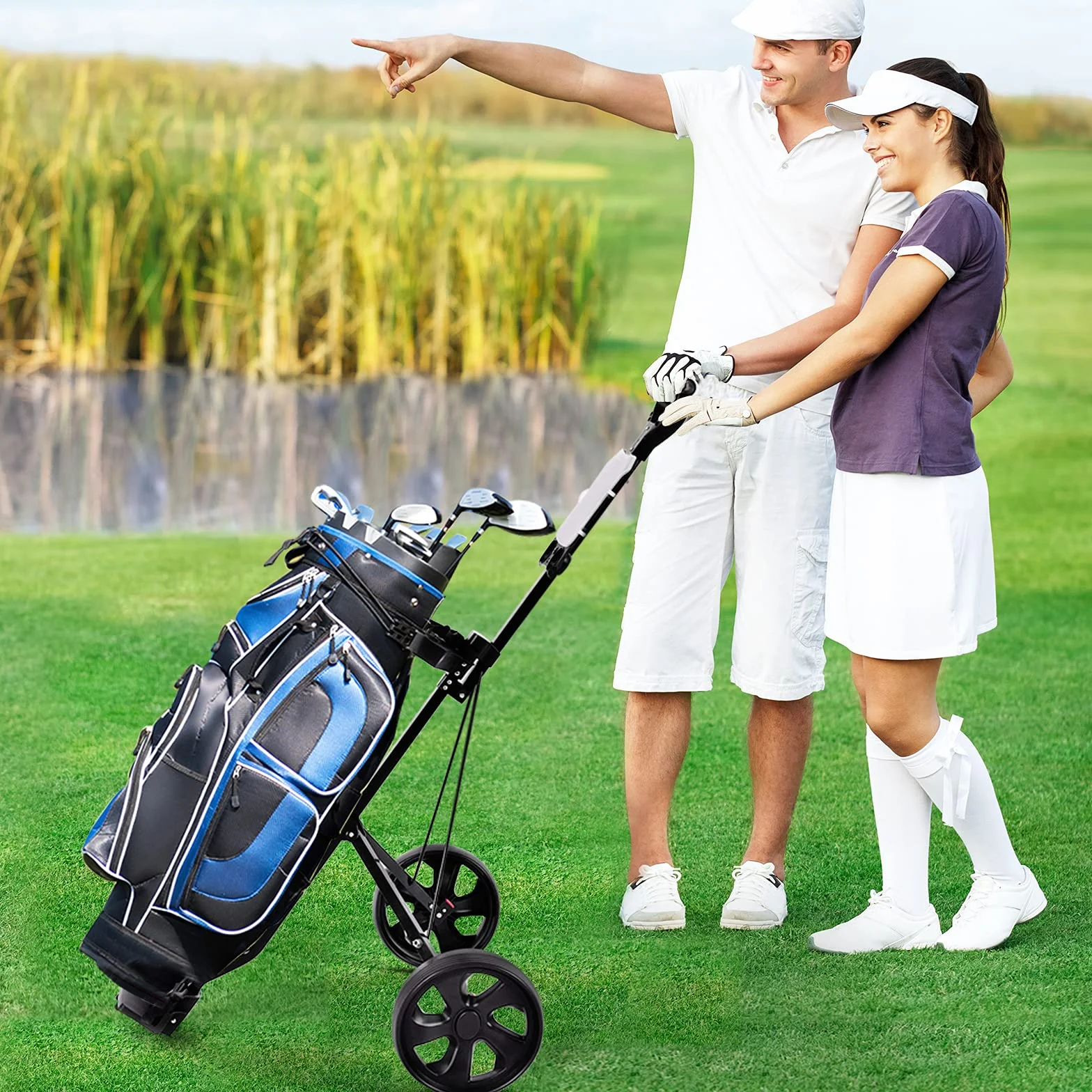 COSTWAY Carrito de Golf Plegable con 2 Ruedas, Estructura de Metal, Negro