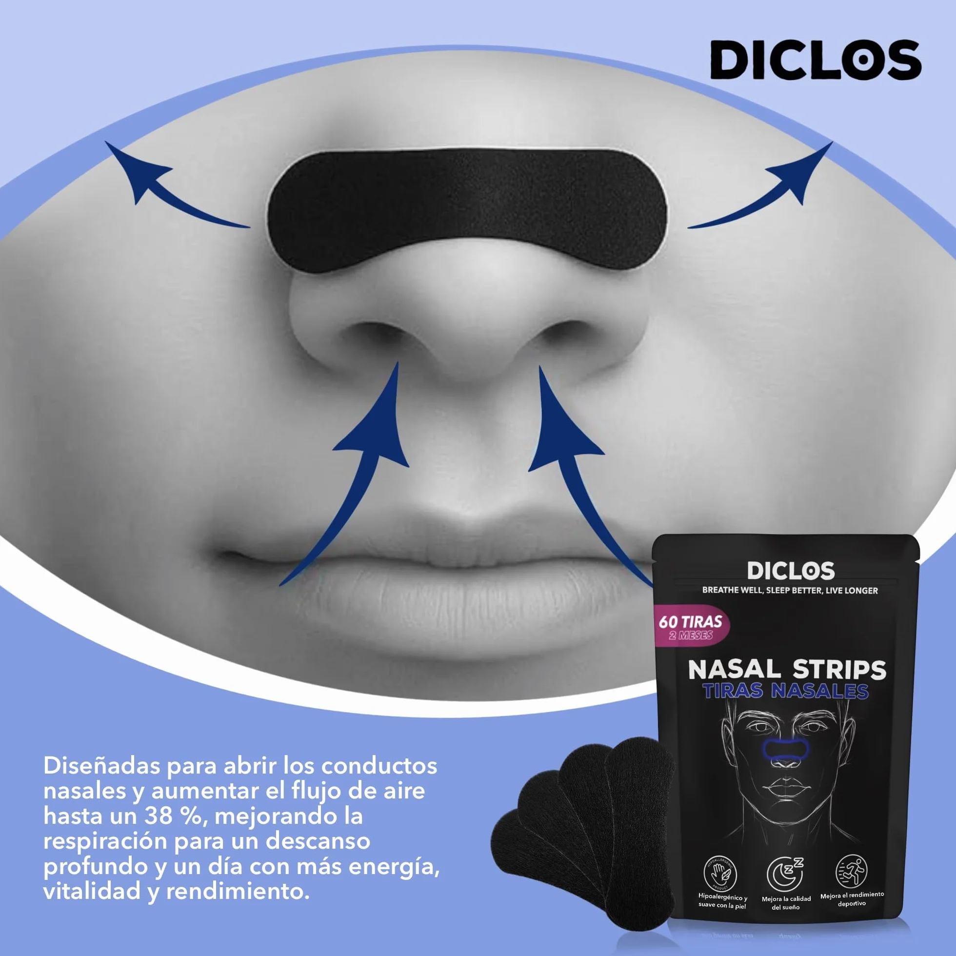 Tiras Nasales Antirronquidos para Dormir 60 Pack - Nasal Strips Respirar Mejor