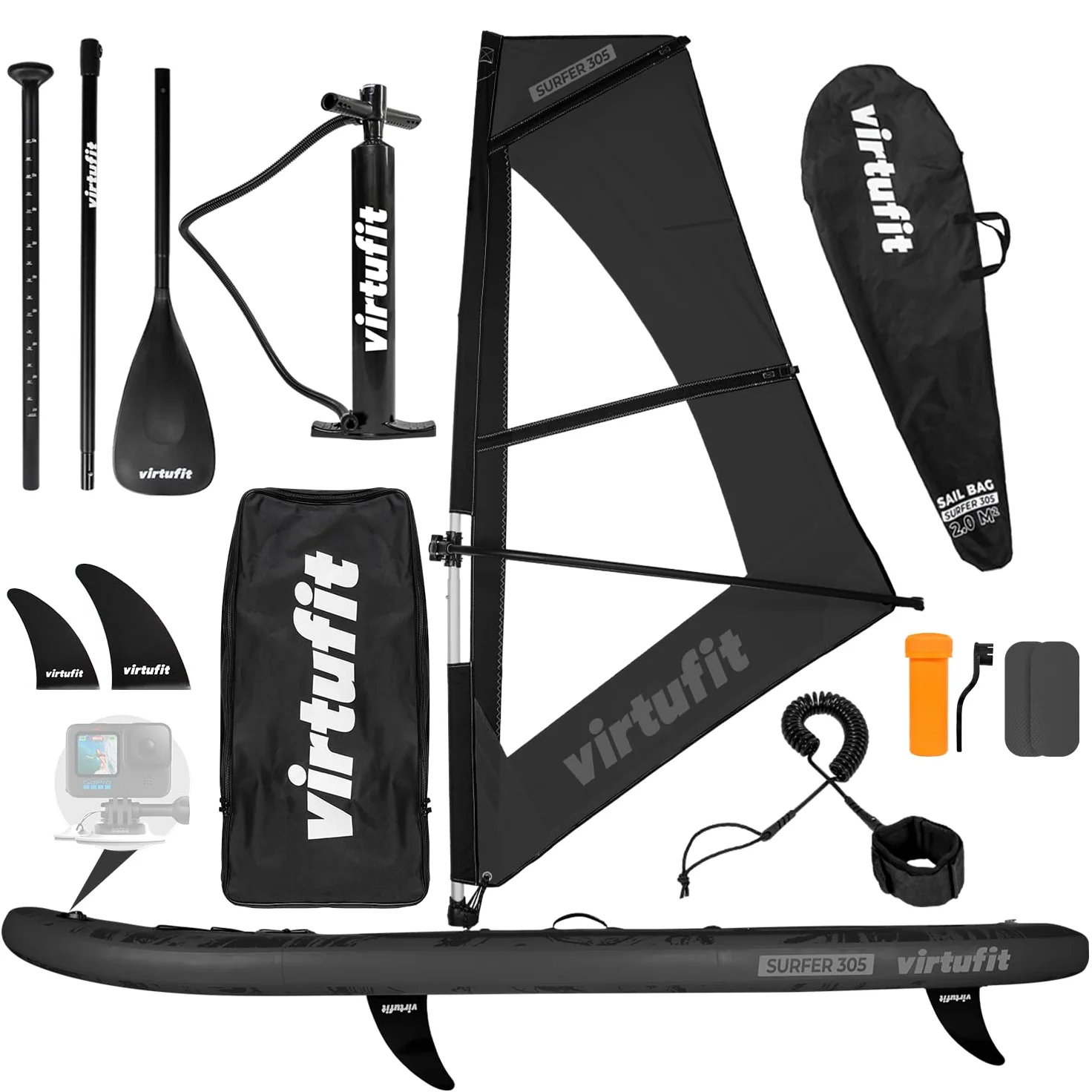 VirtuFit SUP Board Surfer 305 - Tabla de surf hinchable con vela de windsurf - Stand Up Paddle Board negro, incluye accesorios, remo, bomba, bolsa de transporte, soporte para GoPro, principiantes