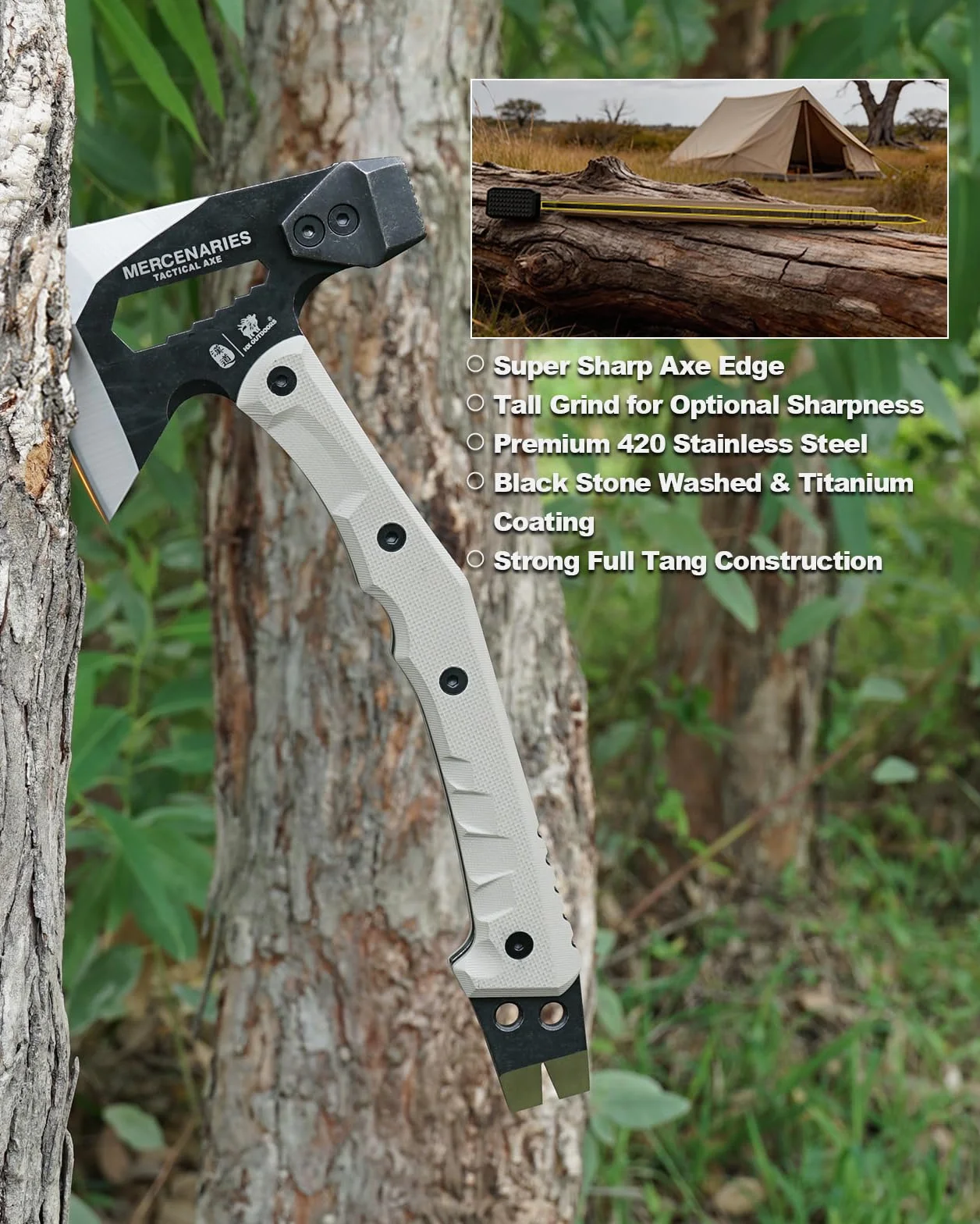 HX OUTDOORS Hacha Multifuncional, Hacha De Supervivencia Y Acampada, Hacha De Bushcraft De Acero Inoxidable con Hoja De Hacha Y Mango G10, con Martillo, Punta Hexagonal Y Extractor De Clavos