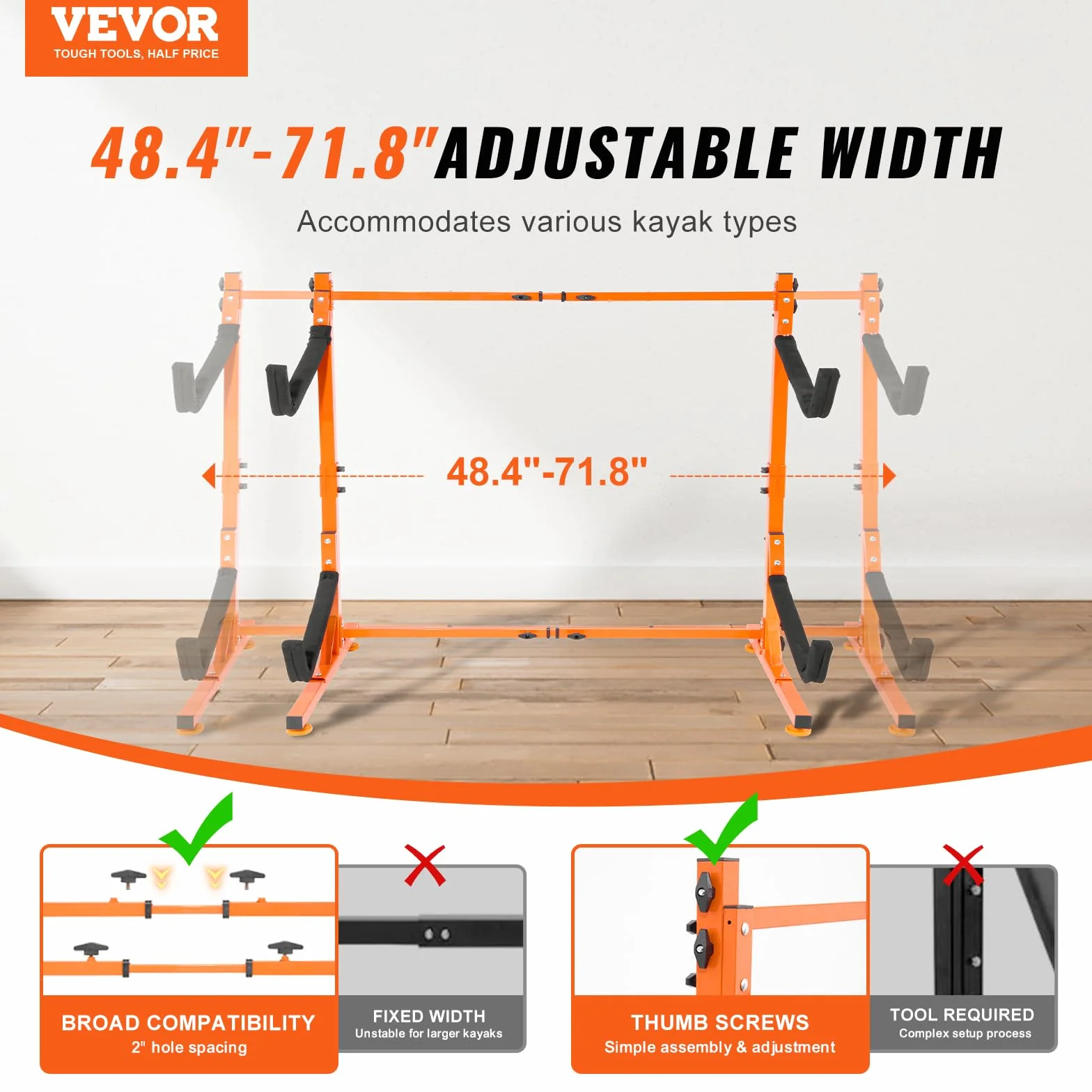 VEVOR Soporte para Kayak Independiente, 2 Piezas de Capacidad, Porta Kayak, Remo para Canoa, Soporte para Tabla de Remo de Acero Resistente con Brazos Acolchados, Ancho Ajustable, Carga 79 kg