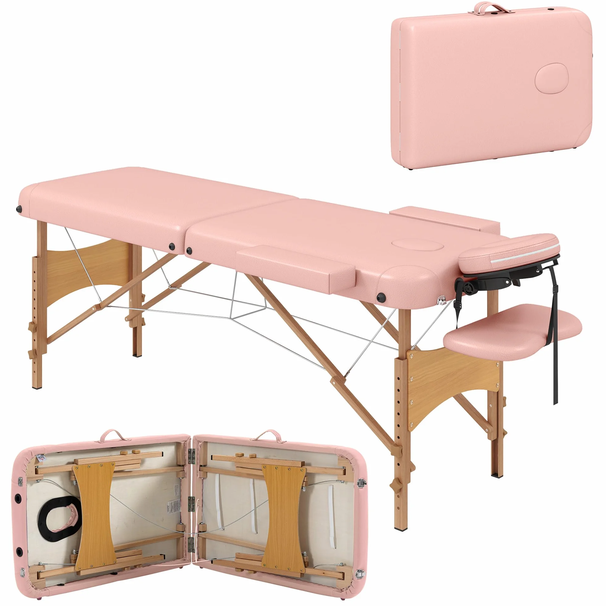 HOMCOM Camilla de Masaje Plegable 210x81 cm Profesional con Reposacabezas Extraíble y Altura Regulable Rosa