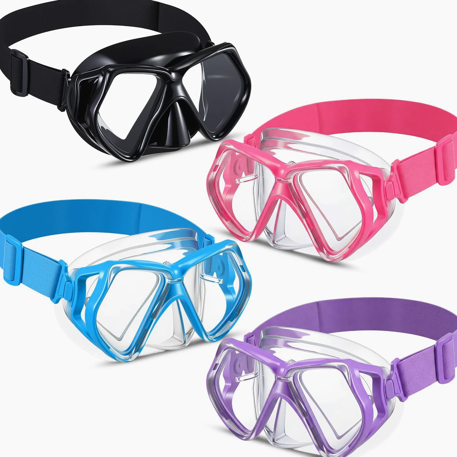 Flutesan 4 gafas de natación para adultos con cubierta para la nariz, correa de tela elástica, gafas de buceo de vidrio templado con envoltura protectora para el cabello