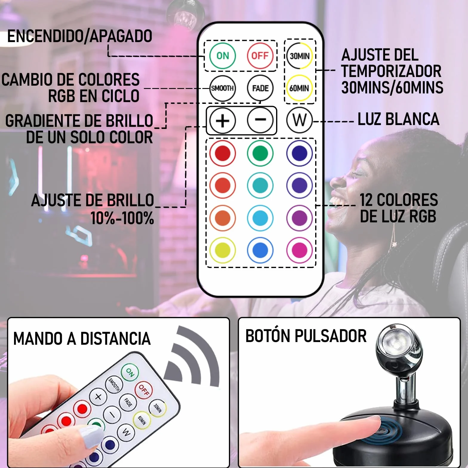 Klarlight RGB LED Mini Spotlight 13 Colores Inalámbrico a Pilas con Mando a Distancia 2-Pack Negro