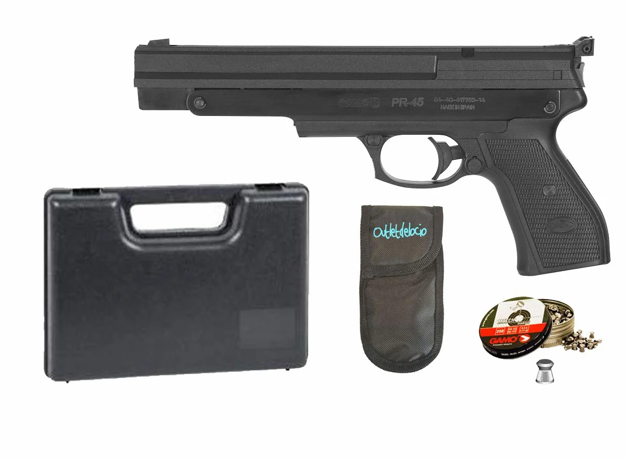 Outletdel ocio Pack Pistola perdigón Gamo PR-45 4,5mm. Carga Manual (no Necesita Botellas de Gas Co2). + Maletin + Funda Portabalines + Balines. 36483/23054