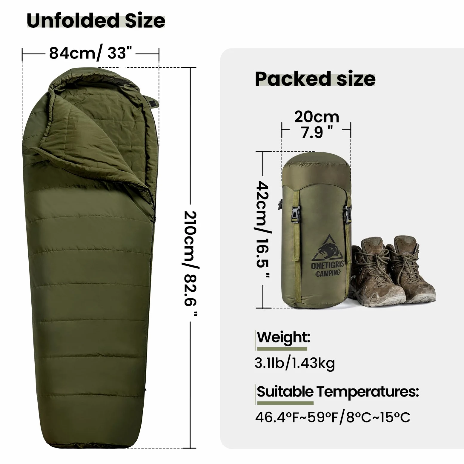 OneTigris Sacos de Dormir de Bushcrafter Tela de Pongee, Unisex, OD Verde, 6.8ft2.7ft/210cm84cm