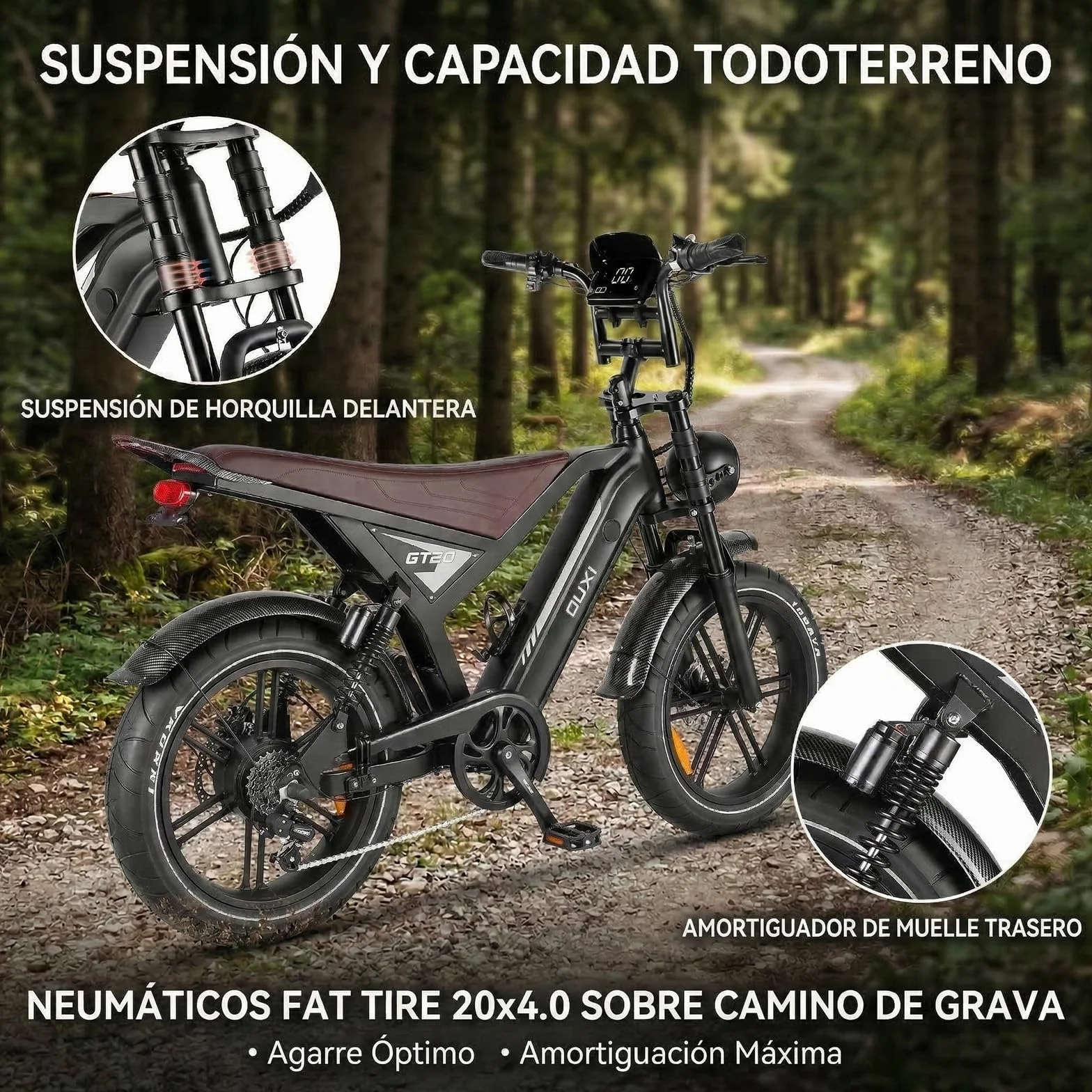 OUXI Bicicleta Eléctrica Adulto, E-Bike Fat Tire 20" x 4.0 Pulgadas, Motor Potente 60Nm, Batería 48V 15Ah, Frenos de Disco Hidráulicos, Doble Suspensión y Luces de Giro, Autonomía 30-60km