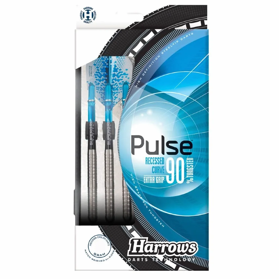 Harrows Pulse Dardos de Tungsteno al 90% | Juego de Dardos con Punta de Acero y Estuche de Transporte | 21 g, 22 g, 23 g, 24 g, 25 g y 26 g | Incluye Ejes Supergrip Fusion y Plumas de 100 Micras