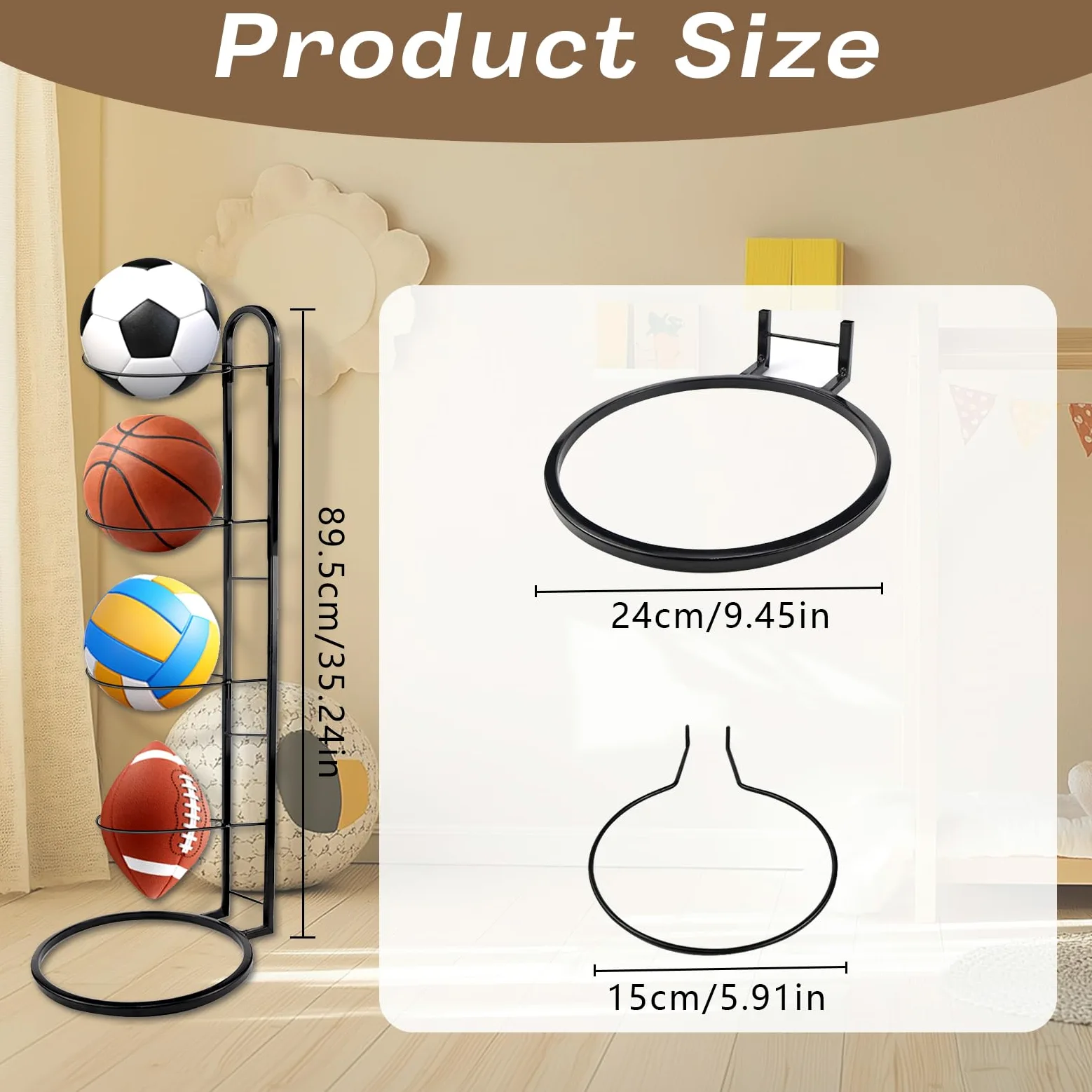 Soporte para pelotas de pie, 4 niveles, soporte para bolas, soporte para bolas, soporte para pelotas (extraíble, negro), adecuado para fútbol, baloncesto, voleibol y rugby