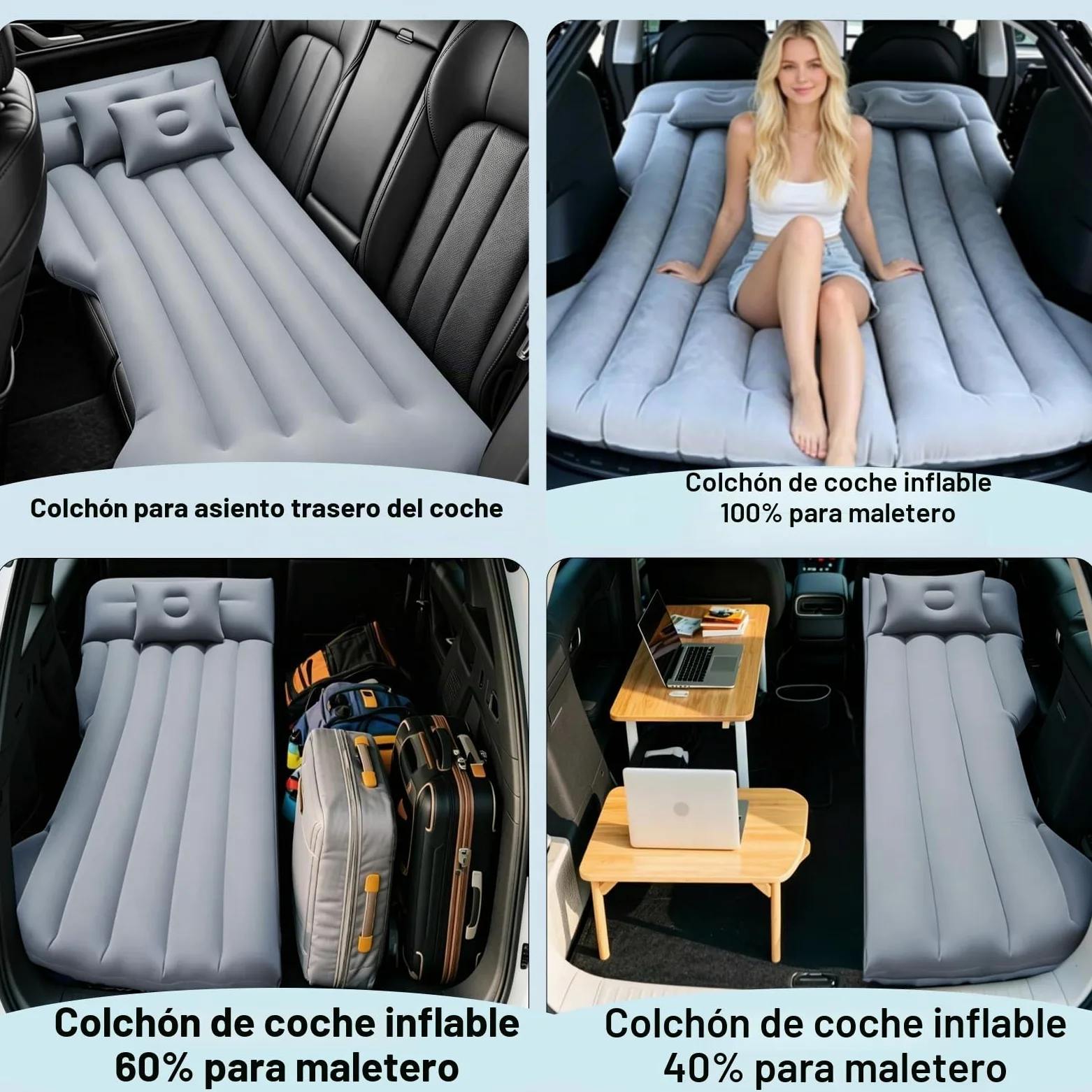 Colchón de Coche Hinchable Tesla Model Y y SUV - para Acampar (Grey) | 190 cm x 130 cm, con Bomba y 2 Almohadas Pequeñas, 4 Áreas Multifuncionales Independientes, Apto para la Mayoría de Vehículos