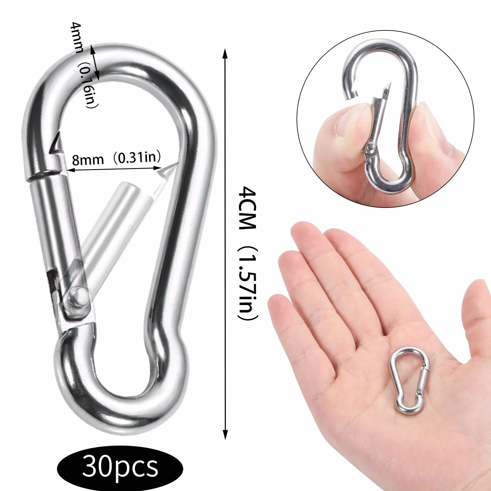 30 Piezas Mosquetones Pequeños, 4 x 40mm Mosquetón Acero Inoxidable Mosqueton con Cierre de Resorte para Llavero Mochilero Camping Pesca Senderismo (Carga de hasta 36 kg)