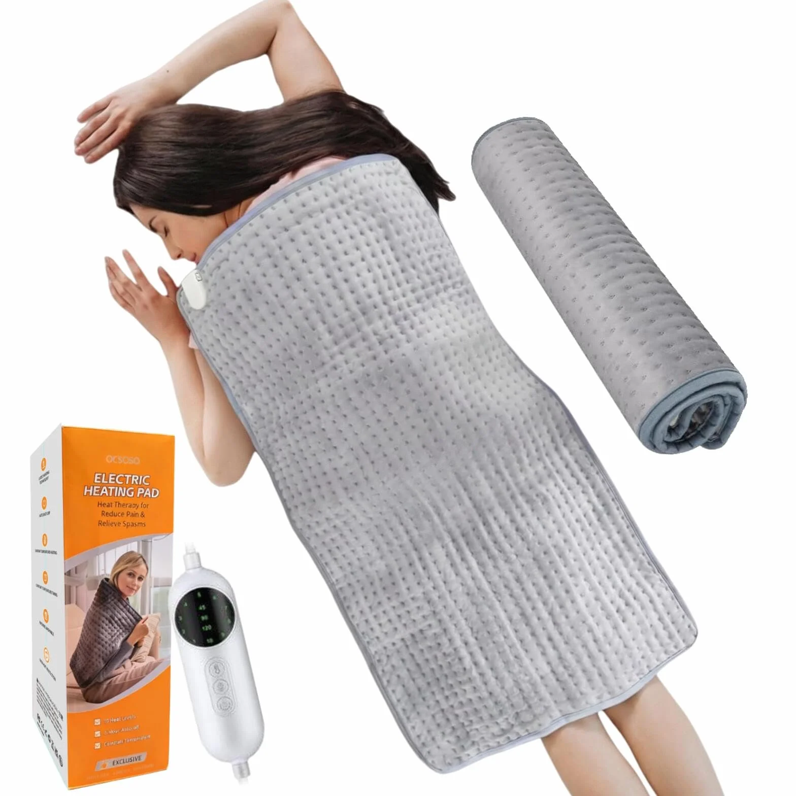 OCSOSO Cojín calefactor 50 x 100 cm apagado automático 10 niveles de calor para aliviar dolor espalda cuello hombros