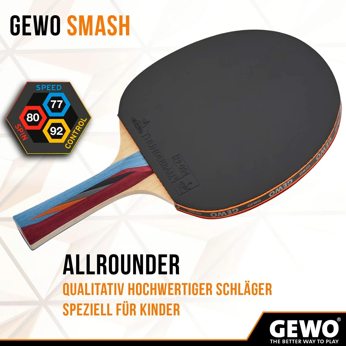 GEWO SMASH Tischtennisschläger - ITTF genehmigter Allroundschläger für Kinder, Wettkampf-Komplettschläger mit kontrolliertem Thunderball 2 Belag und hohen Rotationseigenschaften, konkav, 2,0mm Schwamm