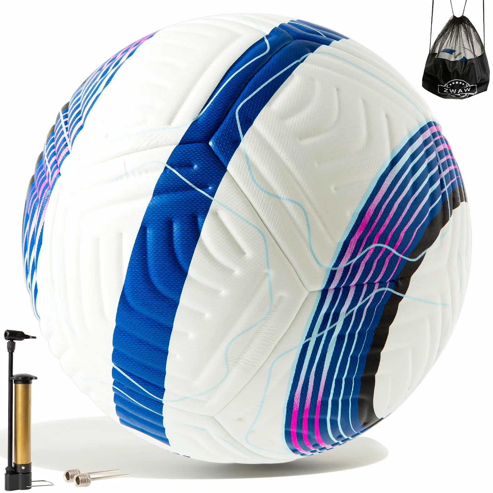 ZWAW Balón de fútbol oficial Match tamaño 5, piel sintética impermeable, incluye bomba y agujas, bolsa de almacenamiento de malla para un fácil transporte