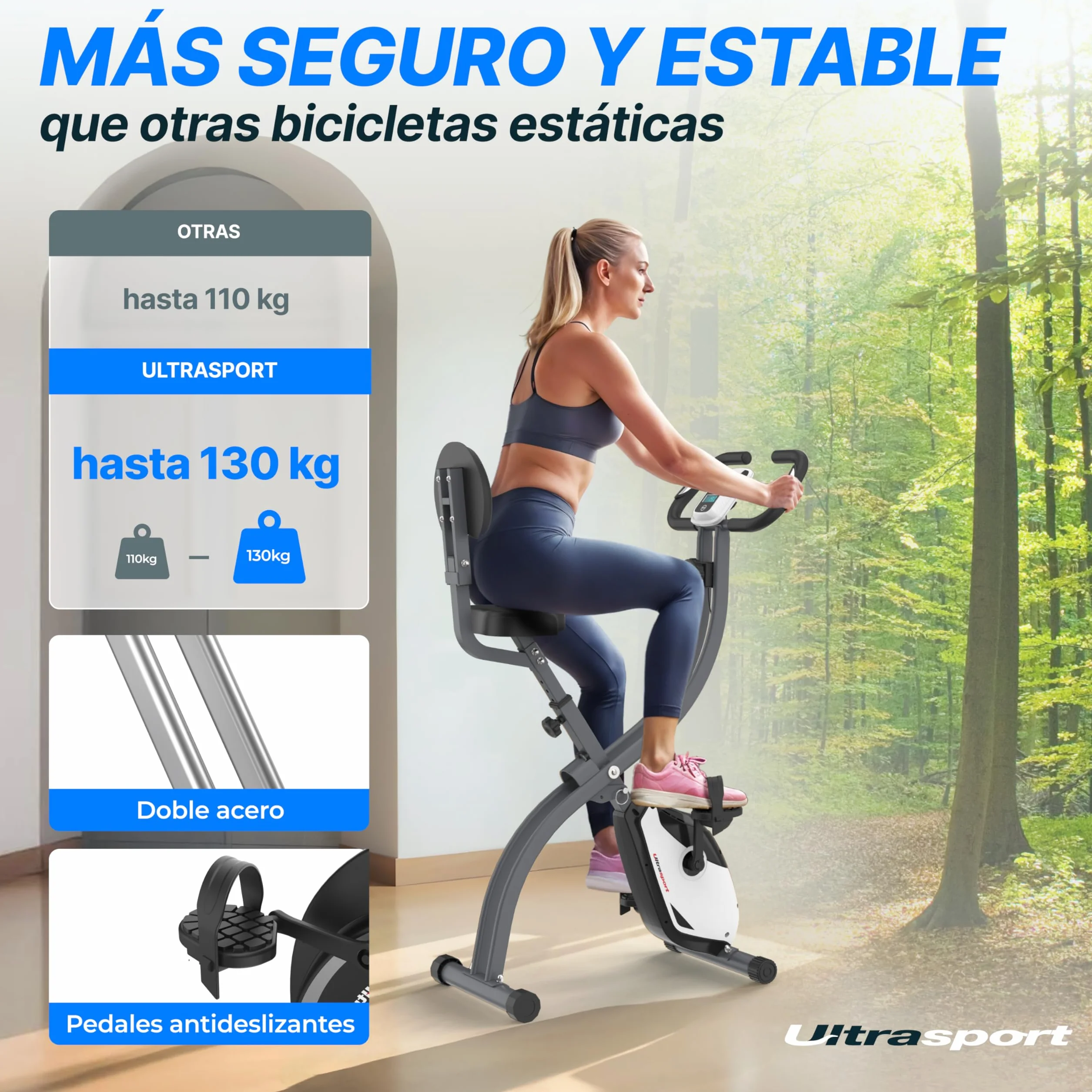 Ultrasport F-Bike Bicicleta Estática Plegable hasta 130 KG, Extra Silencioso con Sillín de Confort Ajustable - Bici Estática Plegable Indoor, Bicicletas Estáticas