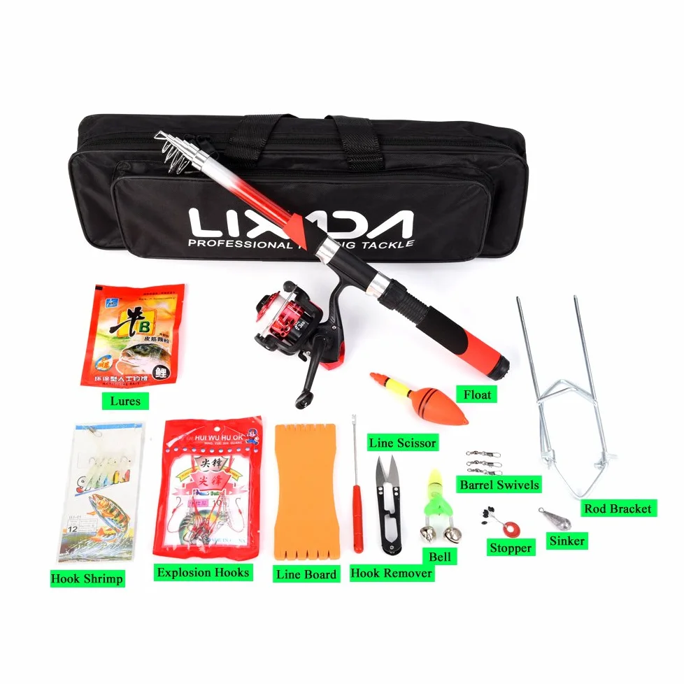 Kit Completo de Carrete de caña de Pescar con 2 cañas de Pescar telescópicas de 2,1 m, 2 carretes giratorios, señuelos de Pesca, anzuelos, Accesorios, bols,Combo de caña de Pescar y Carrete