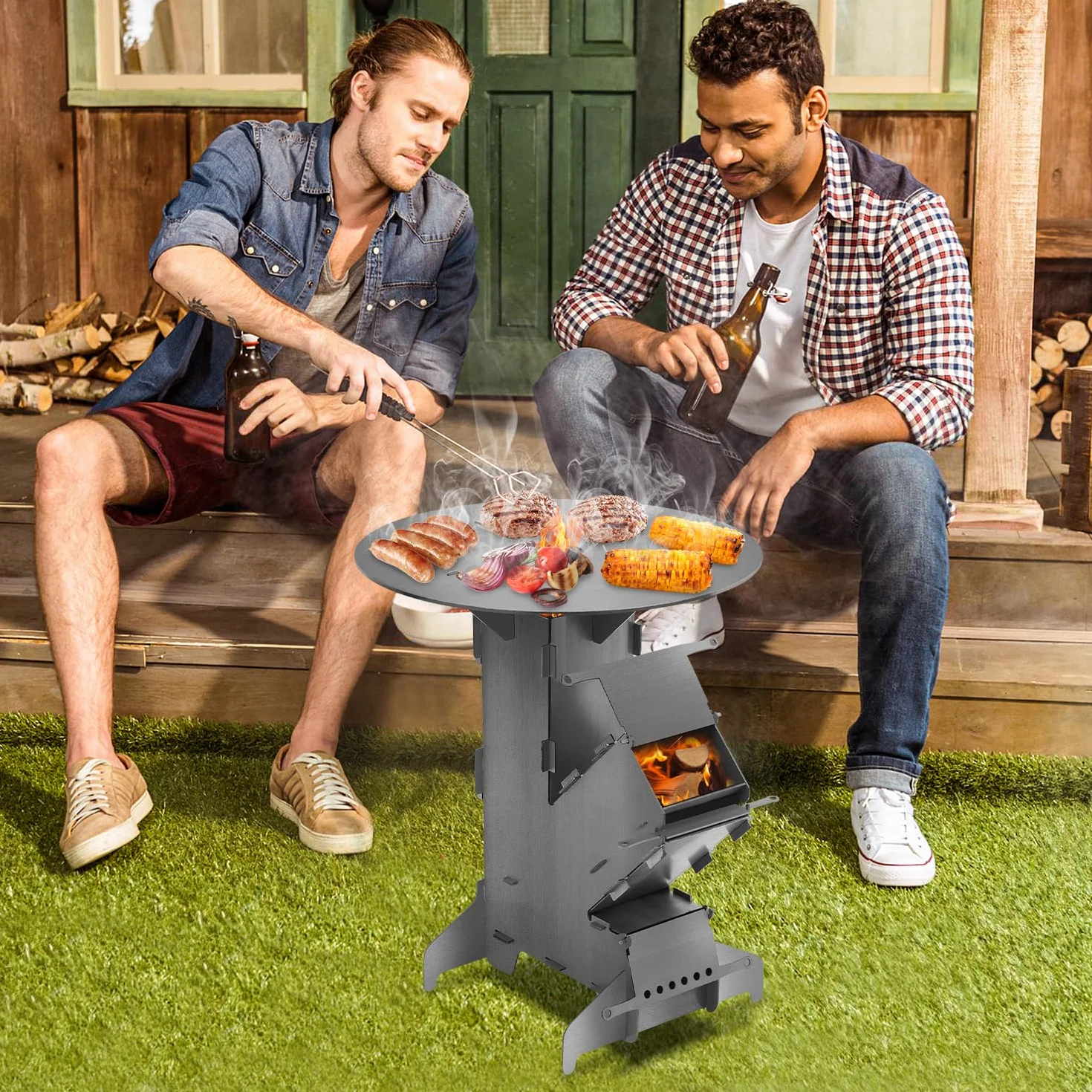 Eulenke Horno de cohetes con placa de parrilla y gancho para fuego, sistema de conexión Rocket Stove de acero de 3 mm de grosor, estufa de cohetes, estufa de leña, estufa de camping, estufa de cañón