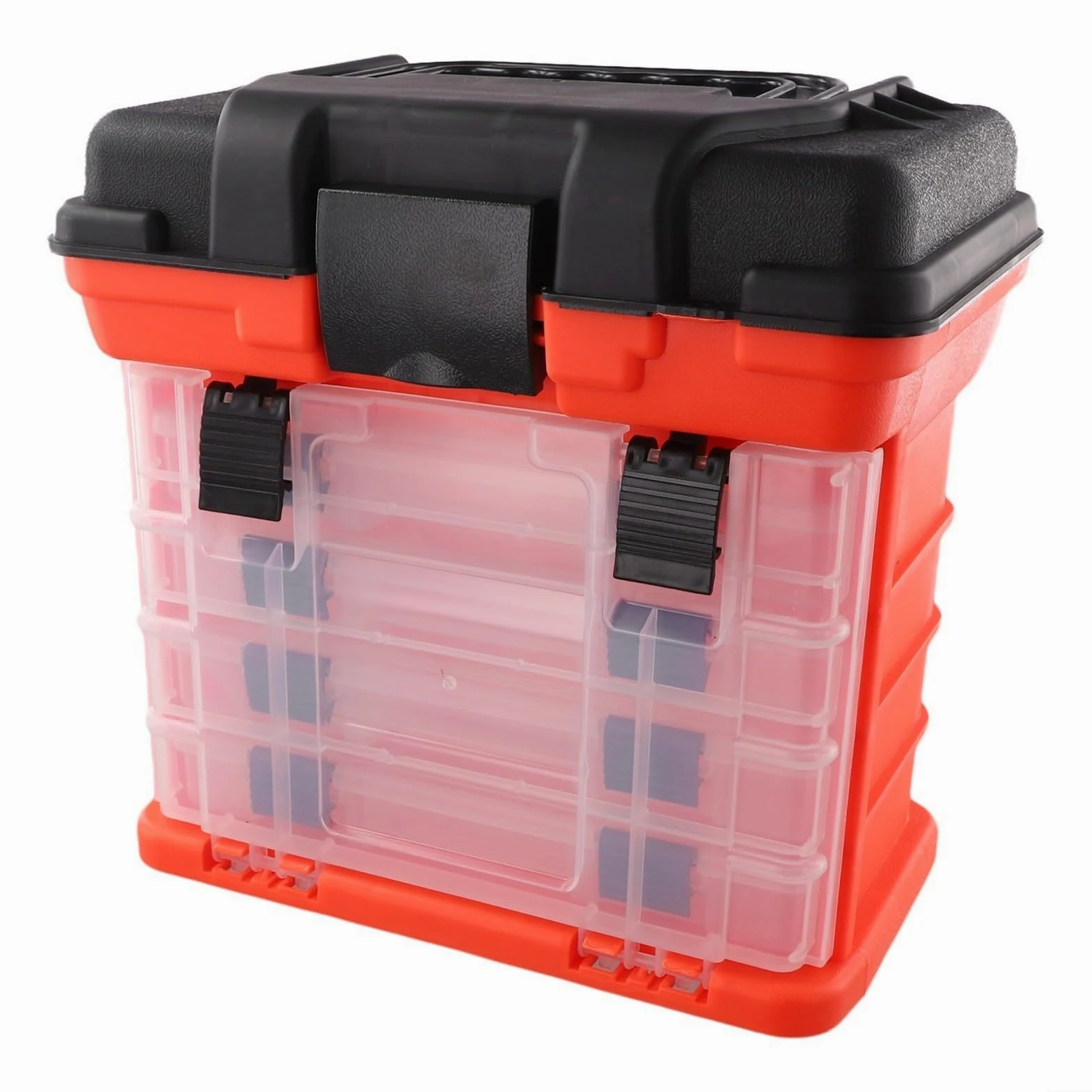 Caja de aparejos de pesca, organizador de almacenamiento portátil de 4 capas con asiento de asa plegable, bloqueo de hebilla gruesa para líneas de carretes de señuelo, caja de engranajes