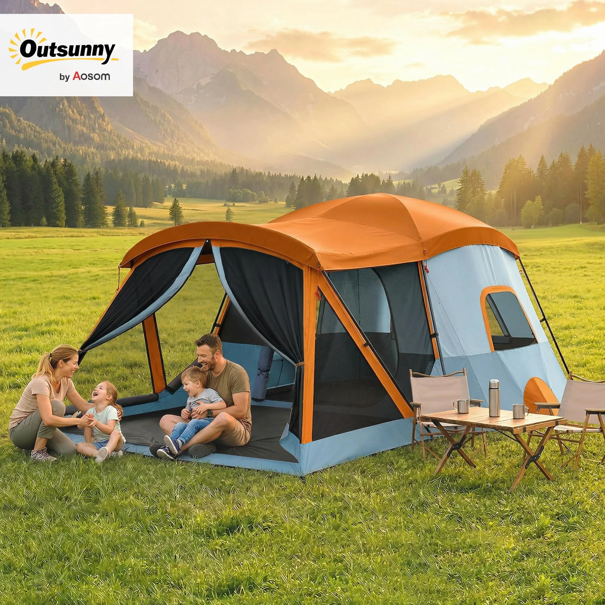 Outsunny Tienda de Campaña Familiar para 4 Personas Tienda Camping Plegable Tipo Túnel con 2 Habitaciones Puertas Ventanas Tragaluces Bolsa y Gancho Impermeable 3000 mm Fácil Montaje para Senderismo