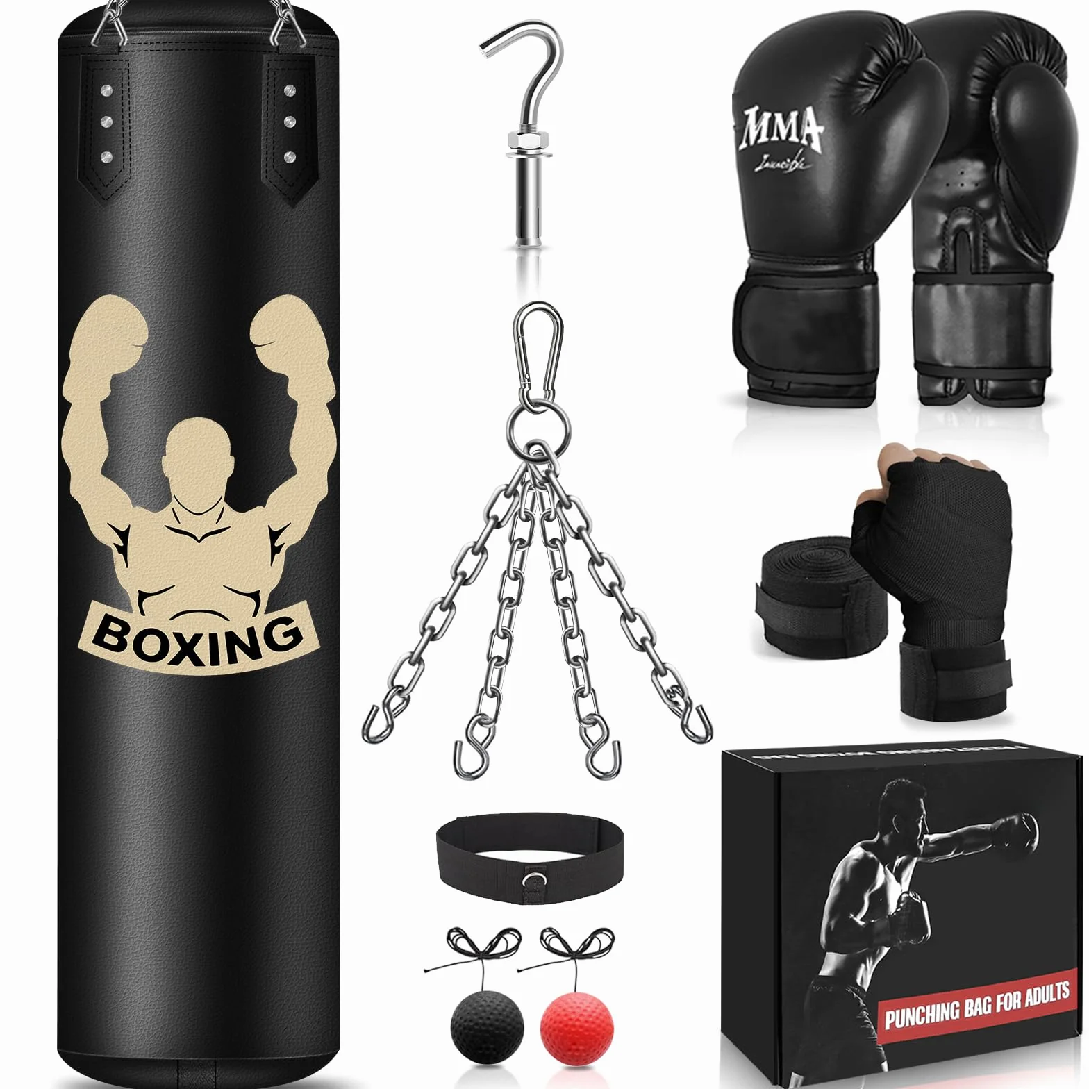 NZQXJXZ Saco de Boxeo Colgante, Equipo de Entrenamiento de Boxeo con Saco Boxeo Sin Relleno de 120cm, Pelota de Reflejos, Guantes de MMA, Muñequera, Set de Boxeo para Kárate Kickboxing Muay Thai