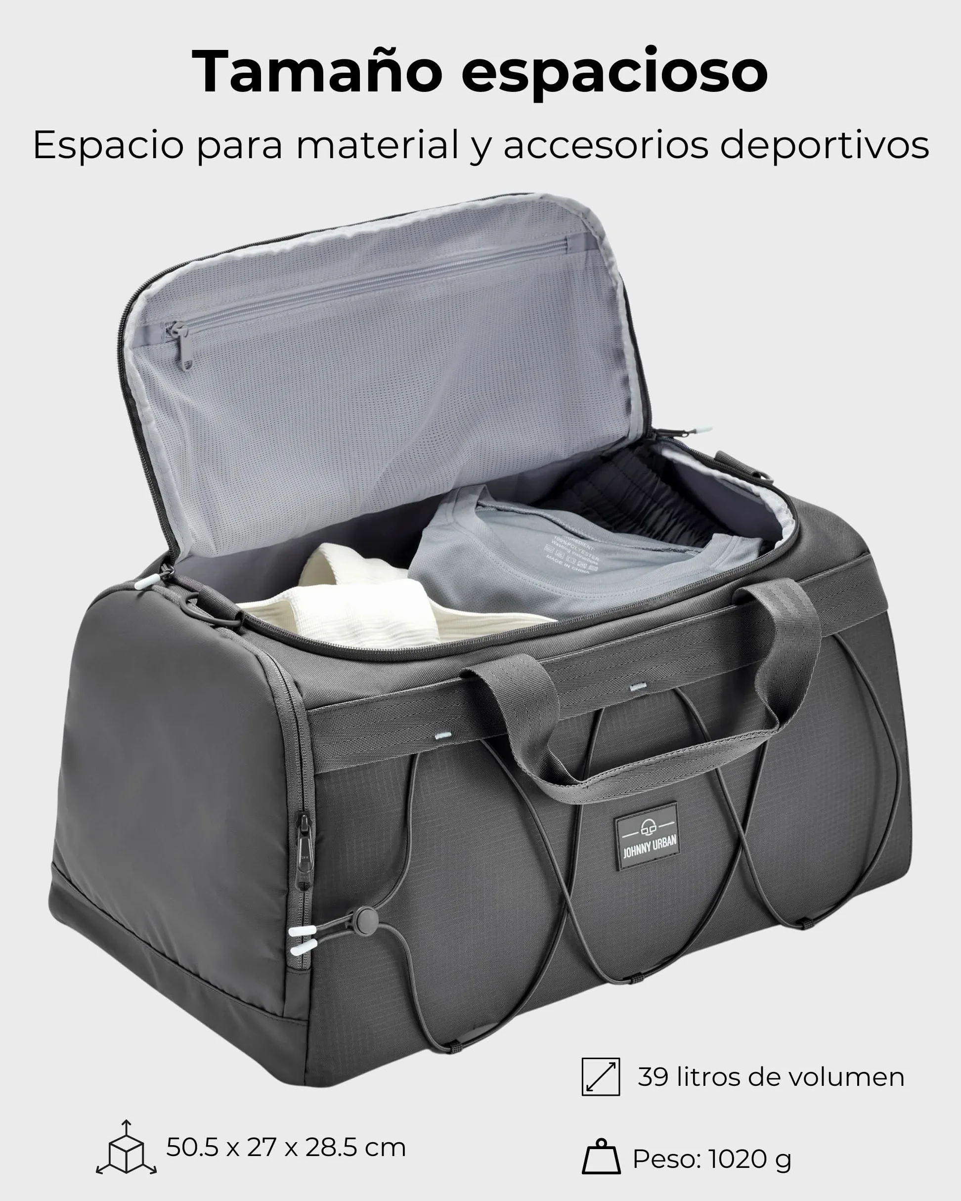 Johnny Urban Bolsa Deporte Hombre Mujer Gris - Shawn - Mochila Gimnasio 2 en 1 - Bolsa de Viaje con Compartimento para Zapatos - Ligero & Repelente al Agua
