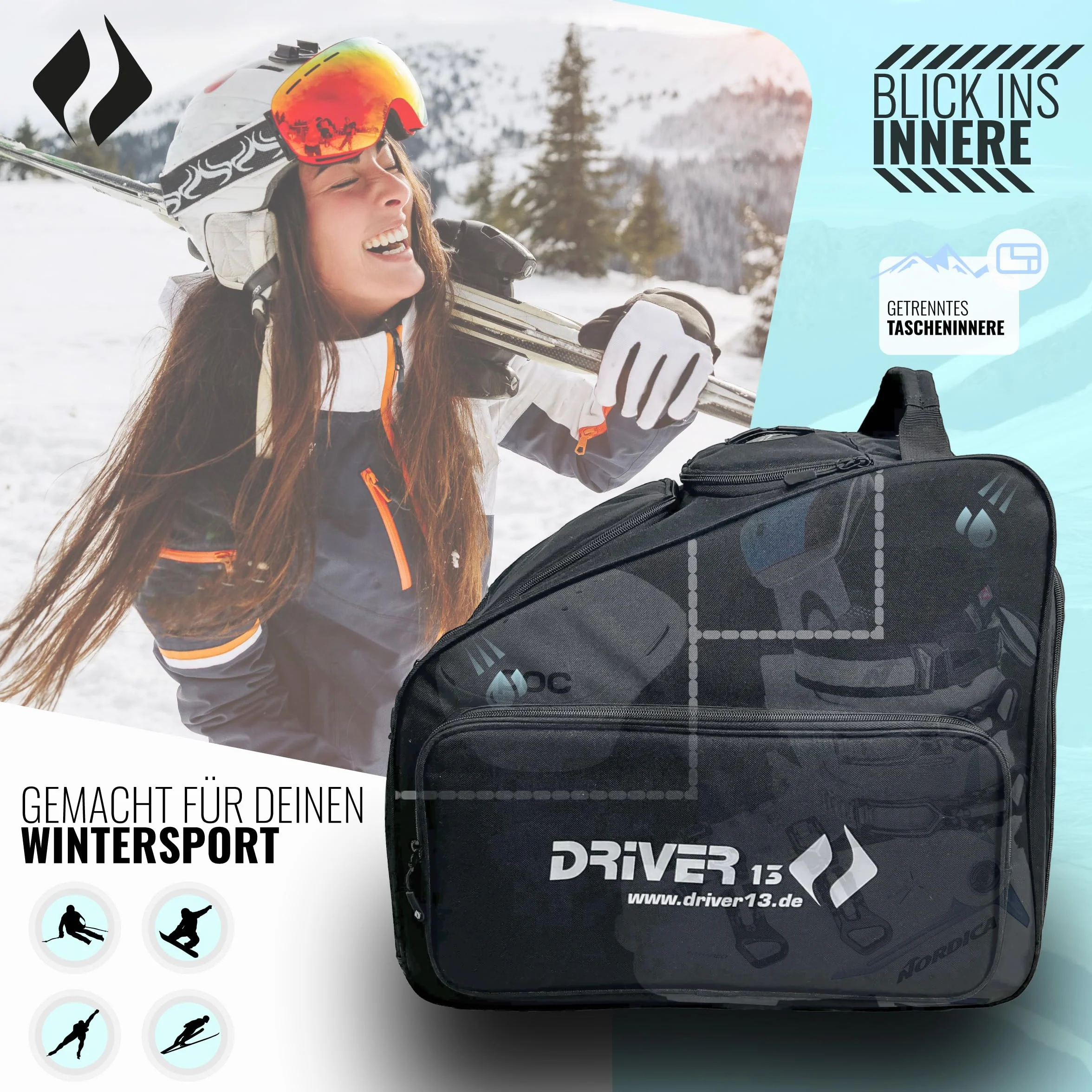 Driver13 Bolsa para Botas de esquí con Compartimento para Casco, Negro