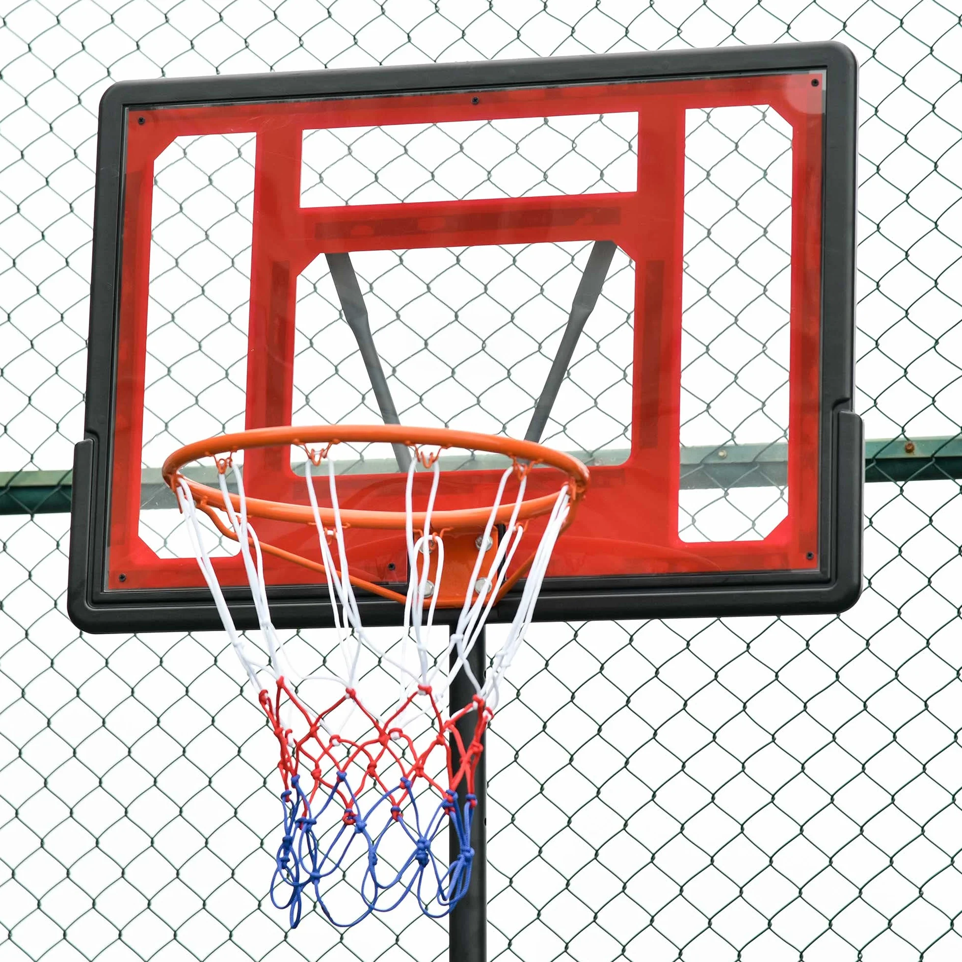 HOMCOM Canasta de Baloncesto Ajustable 205-261 cm Aro Portátil con Soporte de Acero Base Rellenable 2 Ruedas Transporte Rojo Negro