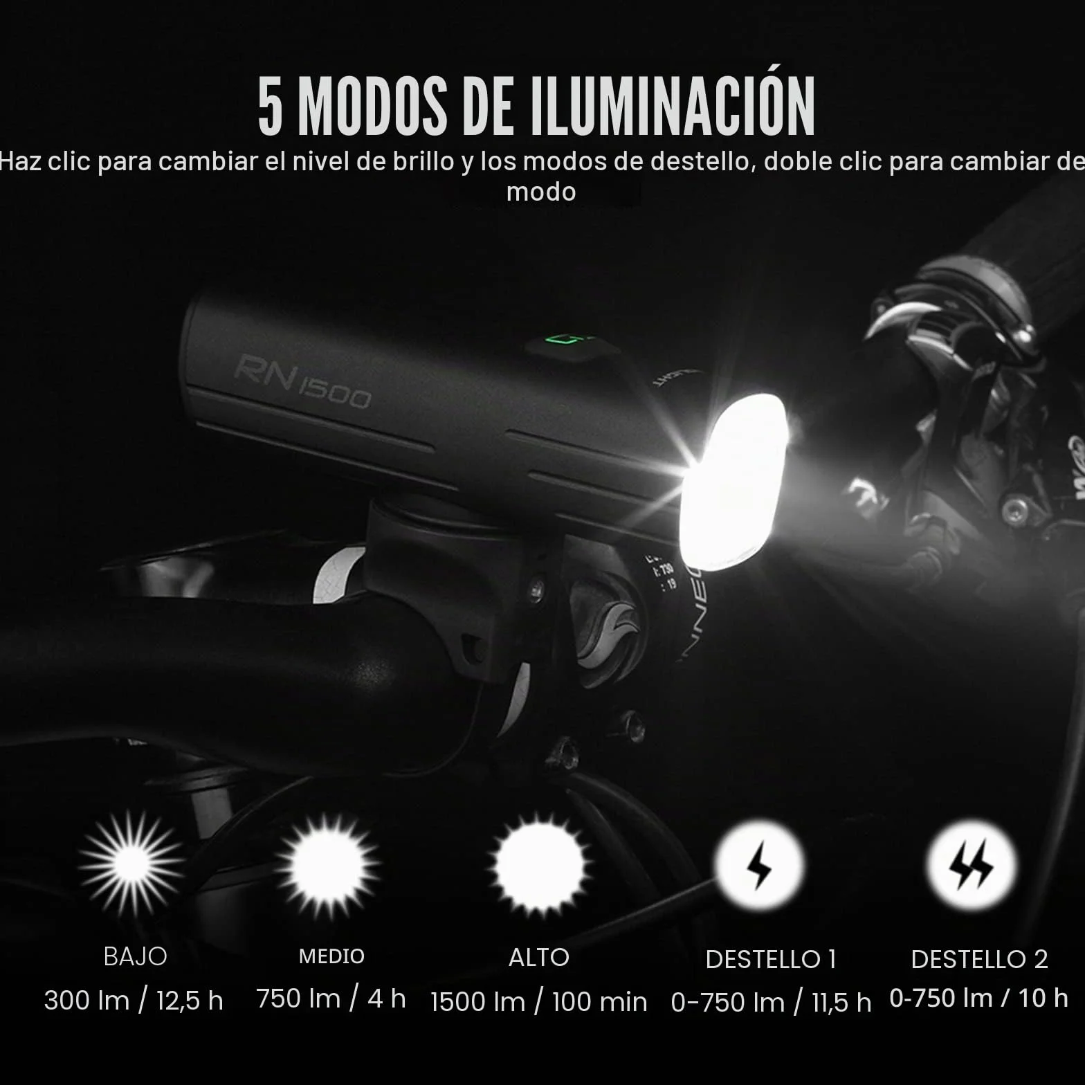 OLIGHT RN 1500 Linterna Delantera de Bicicleta Faro LED de Bici da 1500 Lúmenes Luz Bicicleta Delantera con Batería Recargable, IPX 7,Lámpara de MTB Impermeable y Recargable con USB Cable