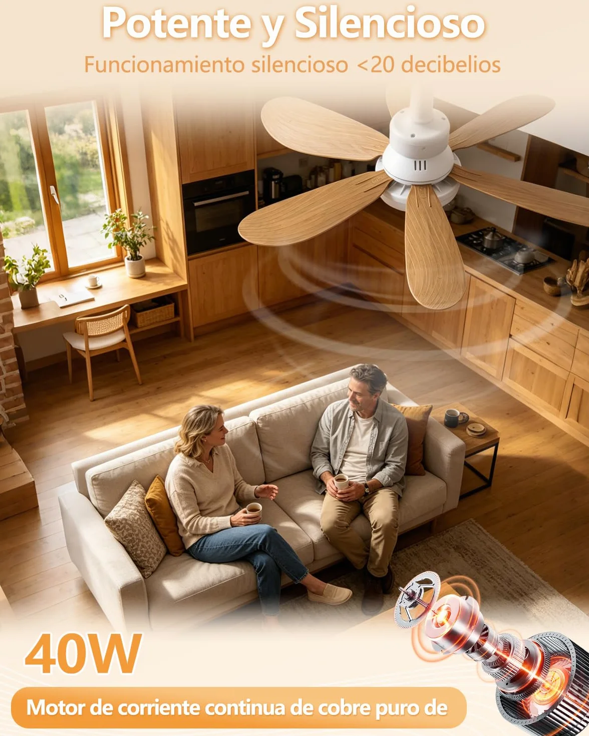 Ventilador de Techo 52cm con Luz LED 40W Regulable, Silencioso, 3 Velocidades, E27, para Interior Exterior