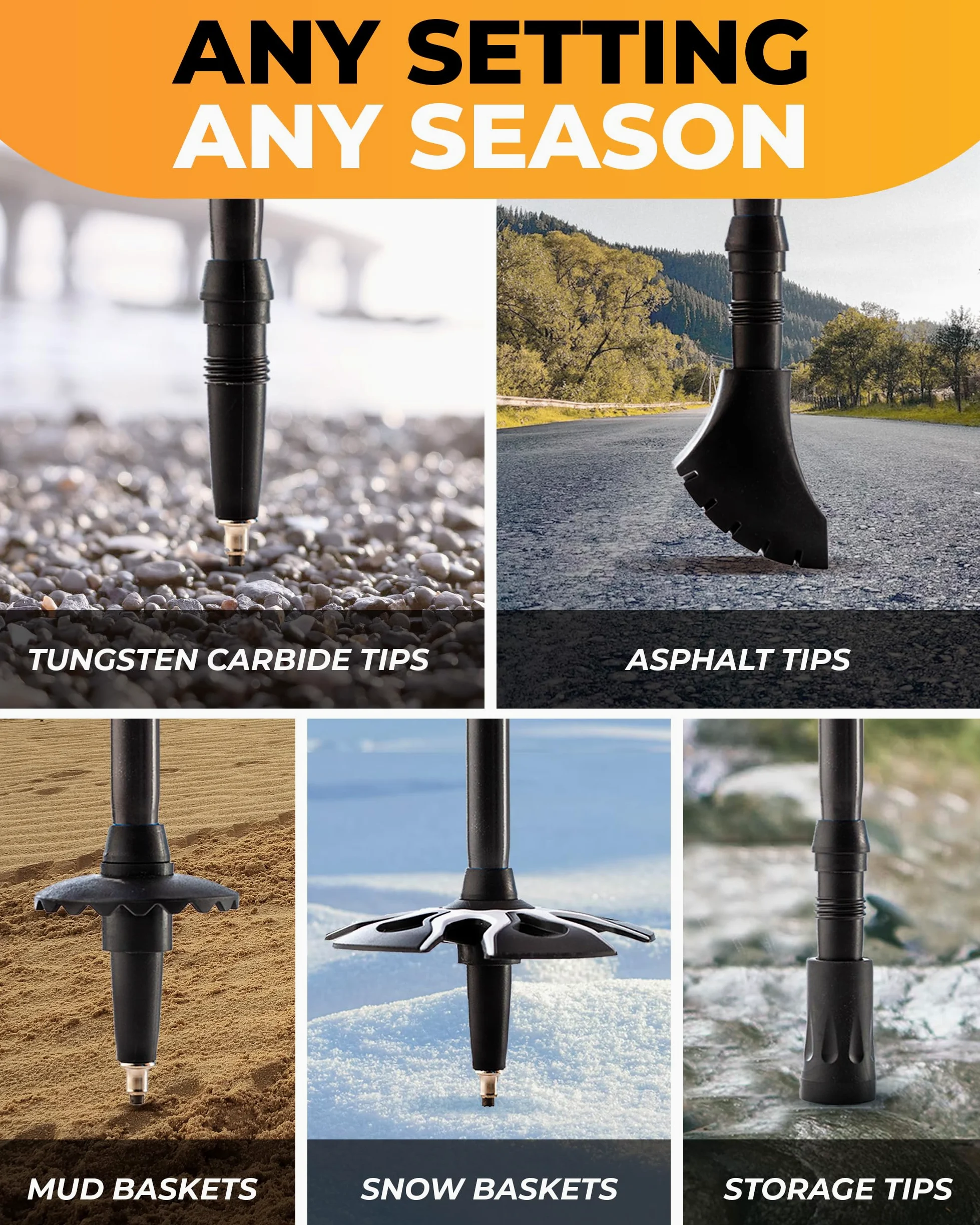 Foxelli Bastones de Trekking – Paquete de 2 Bastones de Senderismo Plegables y Ligeros, Bastones Ajustables de Aluminio aeronáutico Fuerte con agarres de Corcho Natural y Accesorios Todo Terreno para