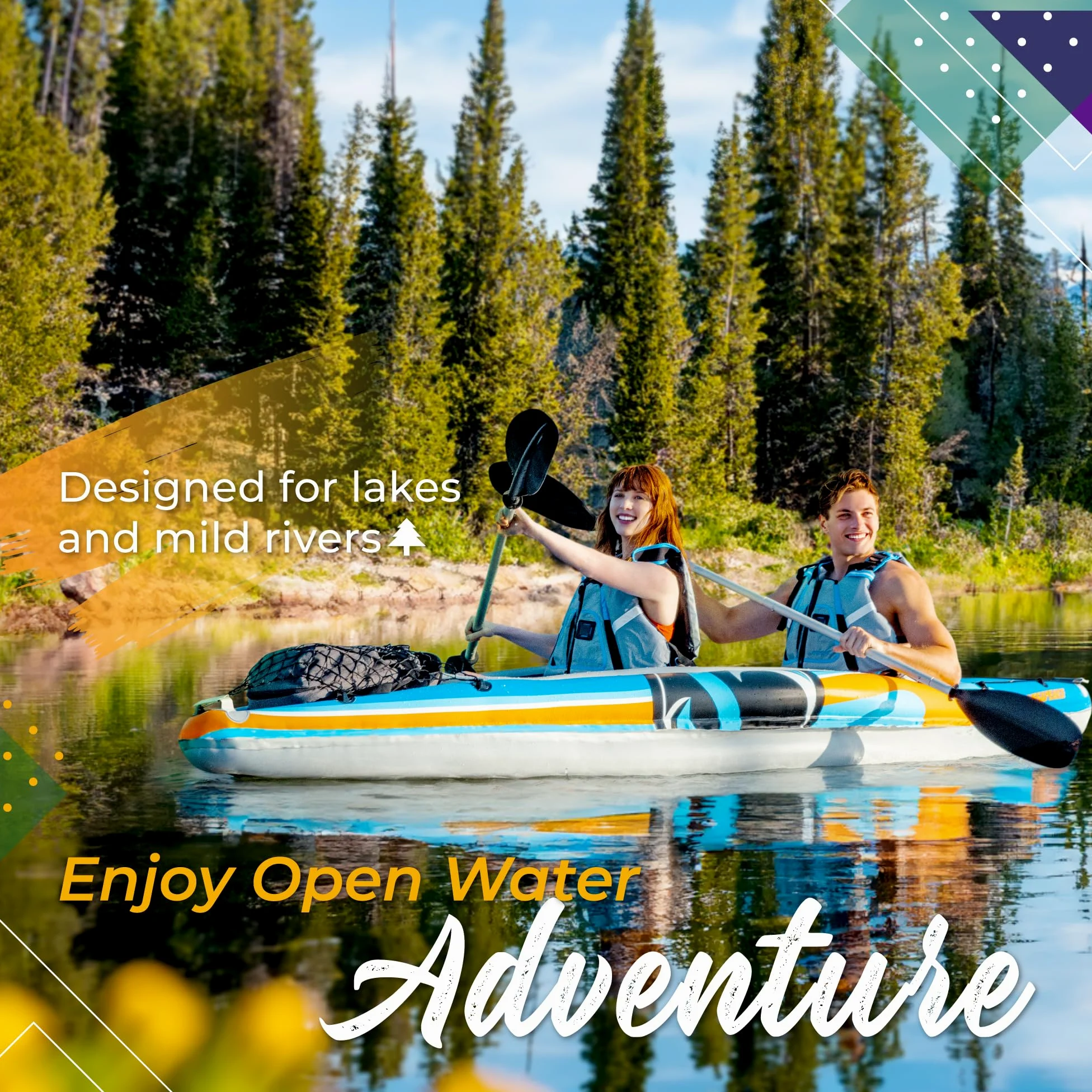Sunlite Sports Kayak inflable para 2 personas con remos de aluminio (136 x 33 pulgadas), bomba de aire de alto rendimiento y bolsa de almacenamiento, kayak doble tándem para adultos, canoa y kayak