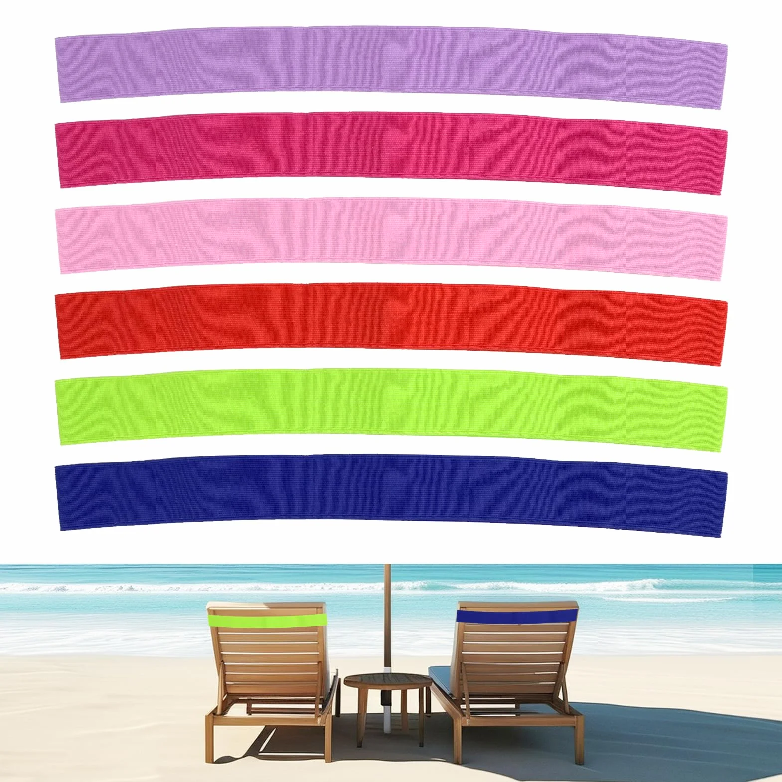 Paquete de 6 bandas de toalla para crucero, playa, tumbona, piscina, sillas de piscina, clips de toalla elásticos extra duraderos, sin broches, accesorios esenciales para cruceros y playa