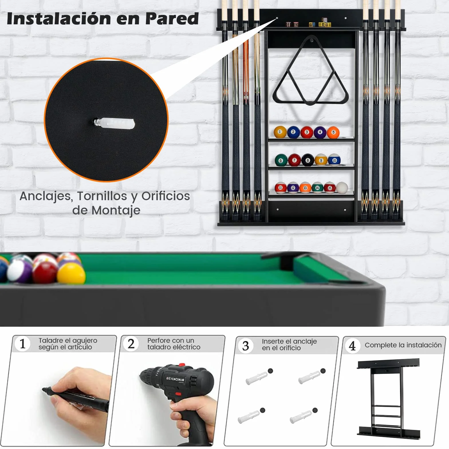 COSTWAY Billar Rack Madera Maciz Estante Palos 8 Tacos 15 Bolas 1 Soporte Equipo Compacto Sala Club Bar Negro