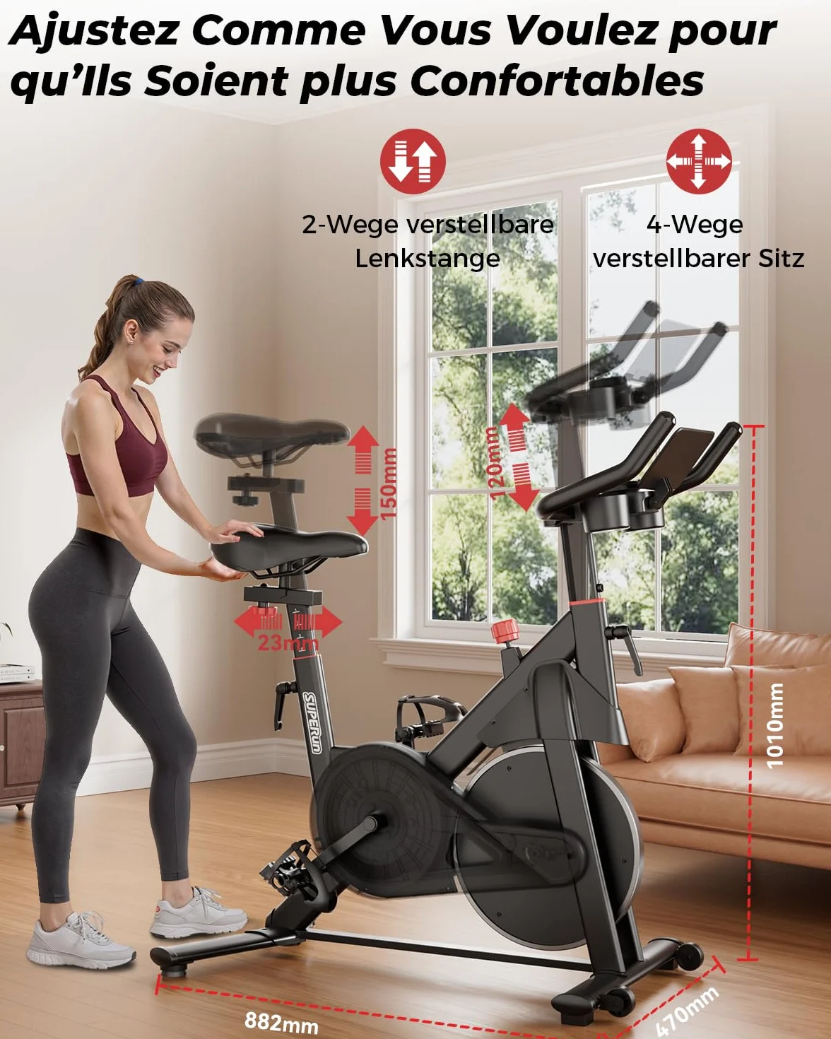 Superun Bicicleta Estática para Interior, Bicicleta Estacionaria con Resistencia Magnética Ajustable, Bicicleta Estacionaria con Pantalla LCD y App, Capacidad de Carga de 136 kg