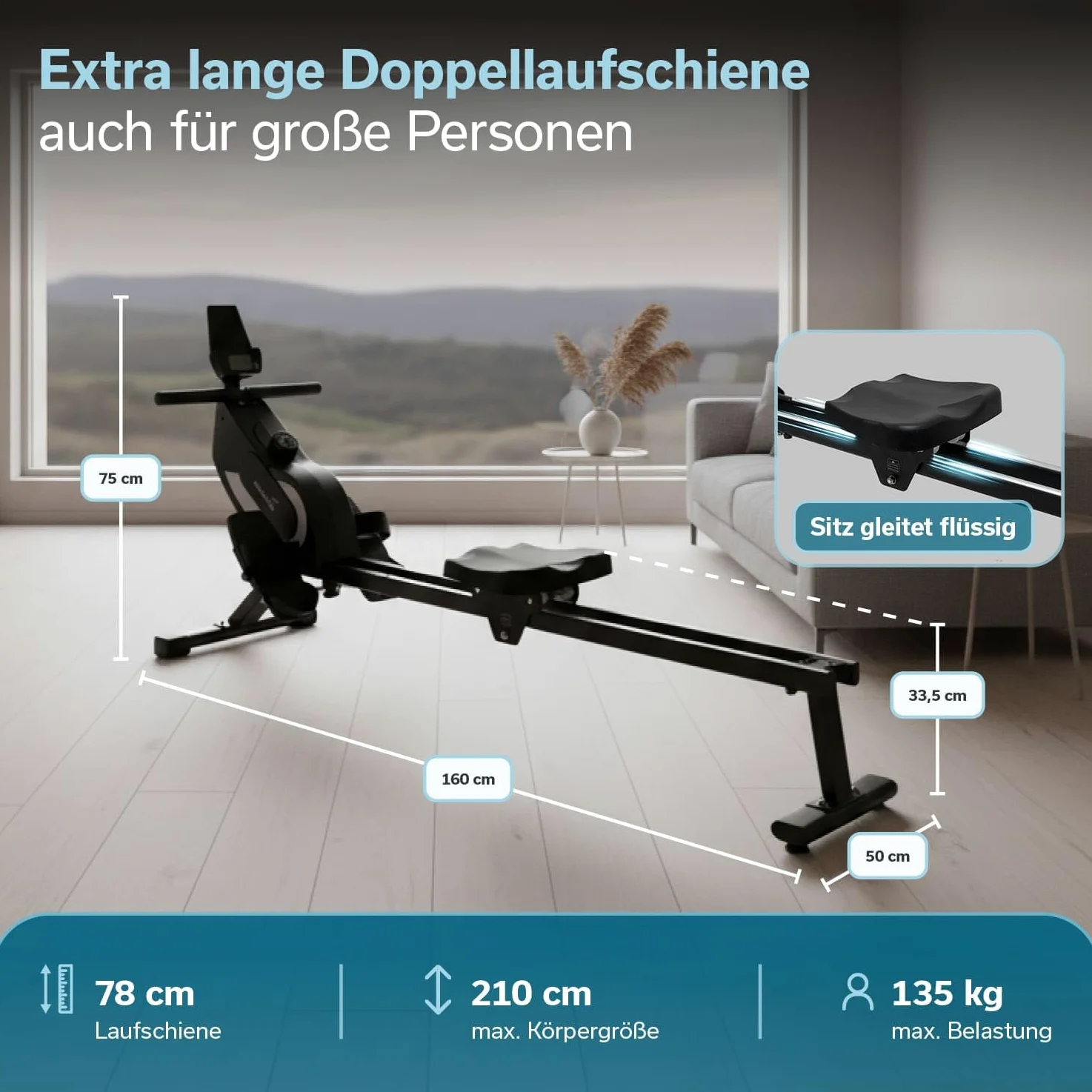 Skandika Máquina de Remo para casa Venn P5-M - Resistencia magnética - guía Larga - 16 Niveles - Bluetooth - Compatible con la aplicación Kinomap - hasta 135 kg