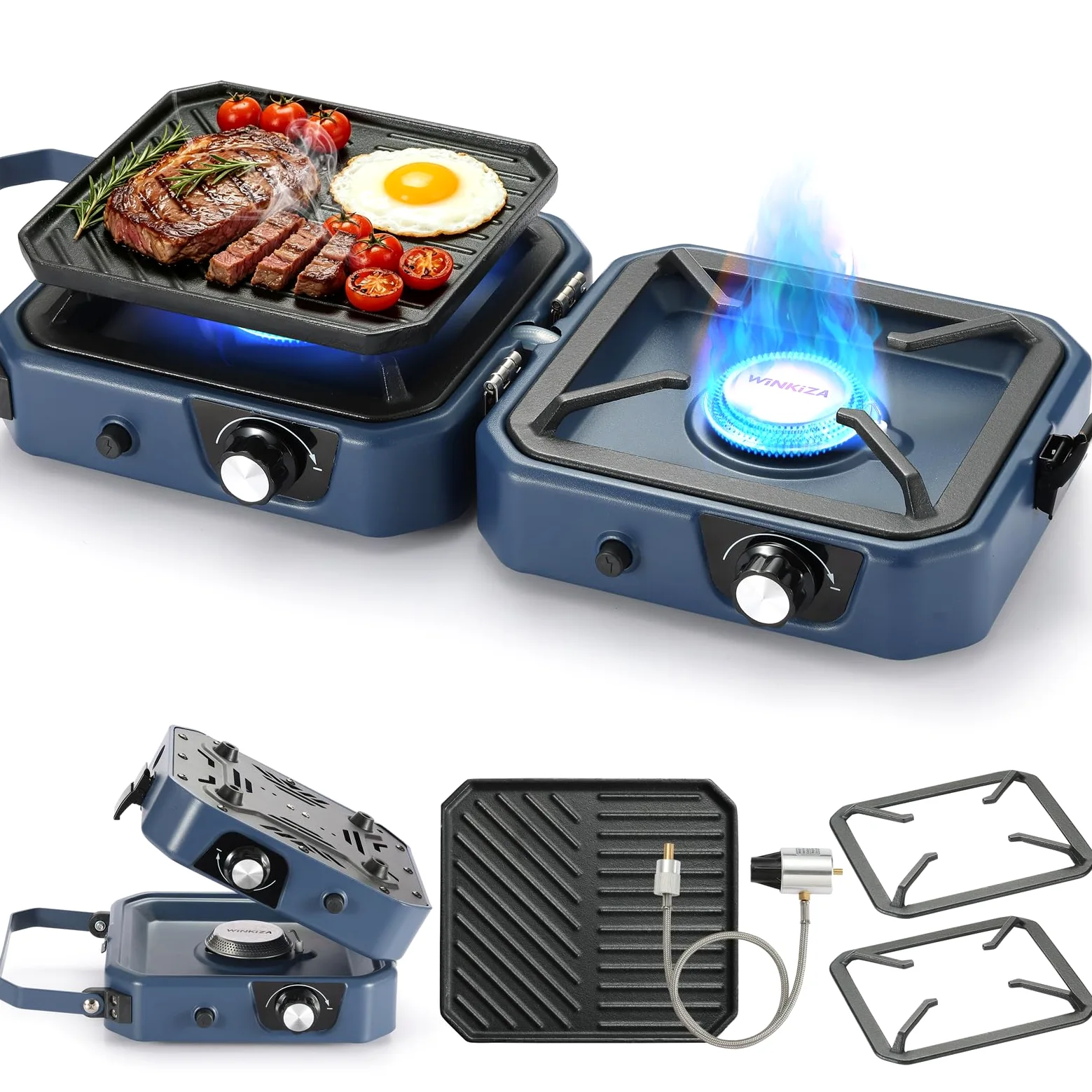 WINKIZA - Estufa de propano mejorada de 2 quemadores con parrilla, estufa de campamento plegable con 16,000 BTU, dos quemadores ajustables con encendido piezoeléctrico y asa de fácil transporte,