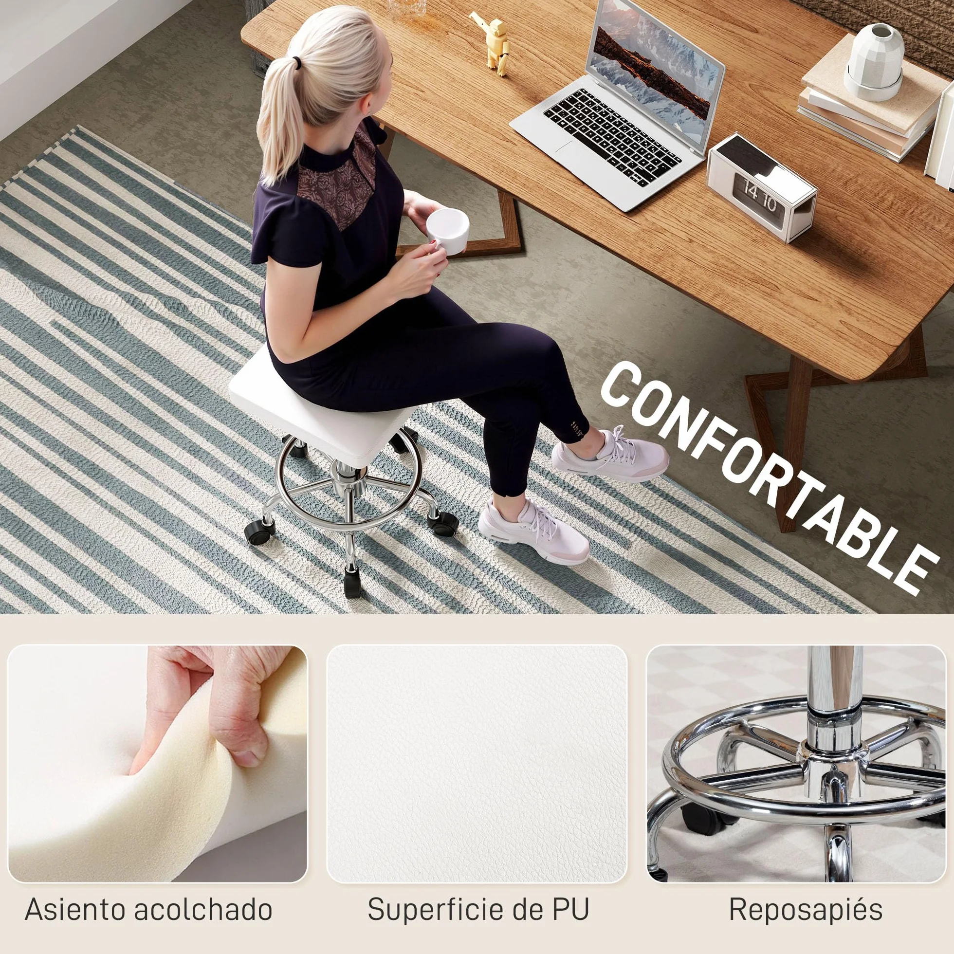 HOMCOM Taburete Giratorio con Ruedas Altura Regulable 50-66 cm Asiento Tapizado Cuero Sintético Blanco
