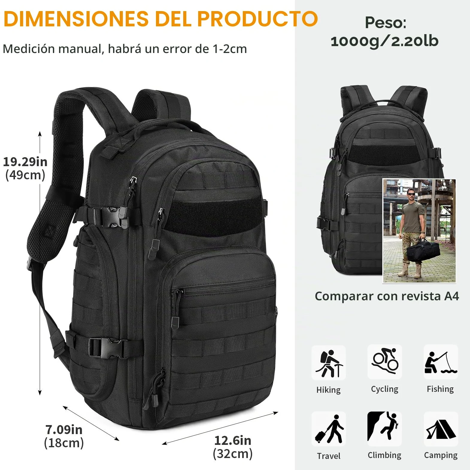 Mochila táctica militar de 30 L, 3 días, para senderismo, caza, trekking y camping y otras actividades al aire libre