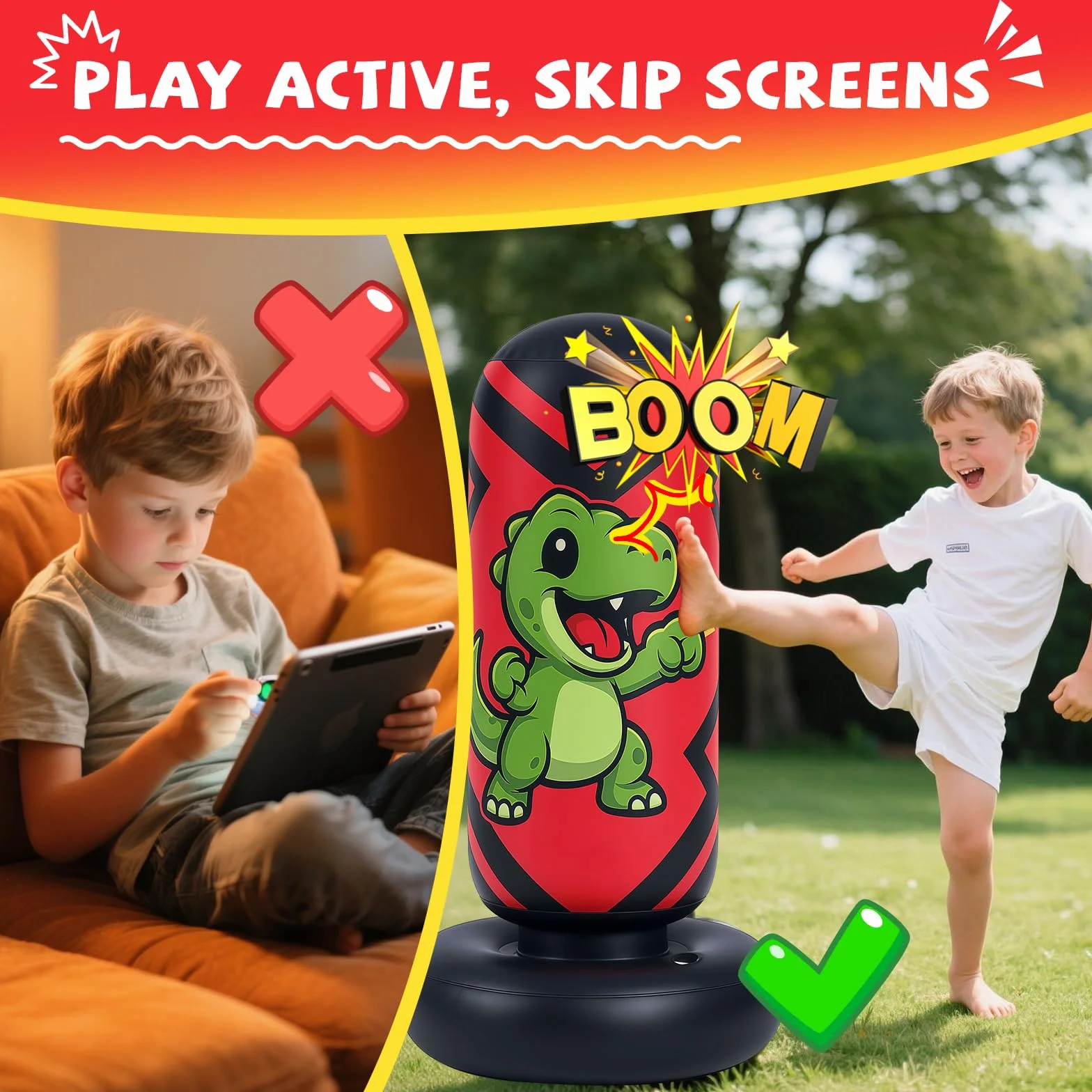 Qoosea Saco de Boxeo Niños, 130cm Bolsa de Boxeo Inflable de Pie con Guantes, Punching Ball Estable para Karate Kickboxing MMA Taekwondo, Regalo Ideal para Niños y Niñas de 3-8 años