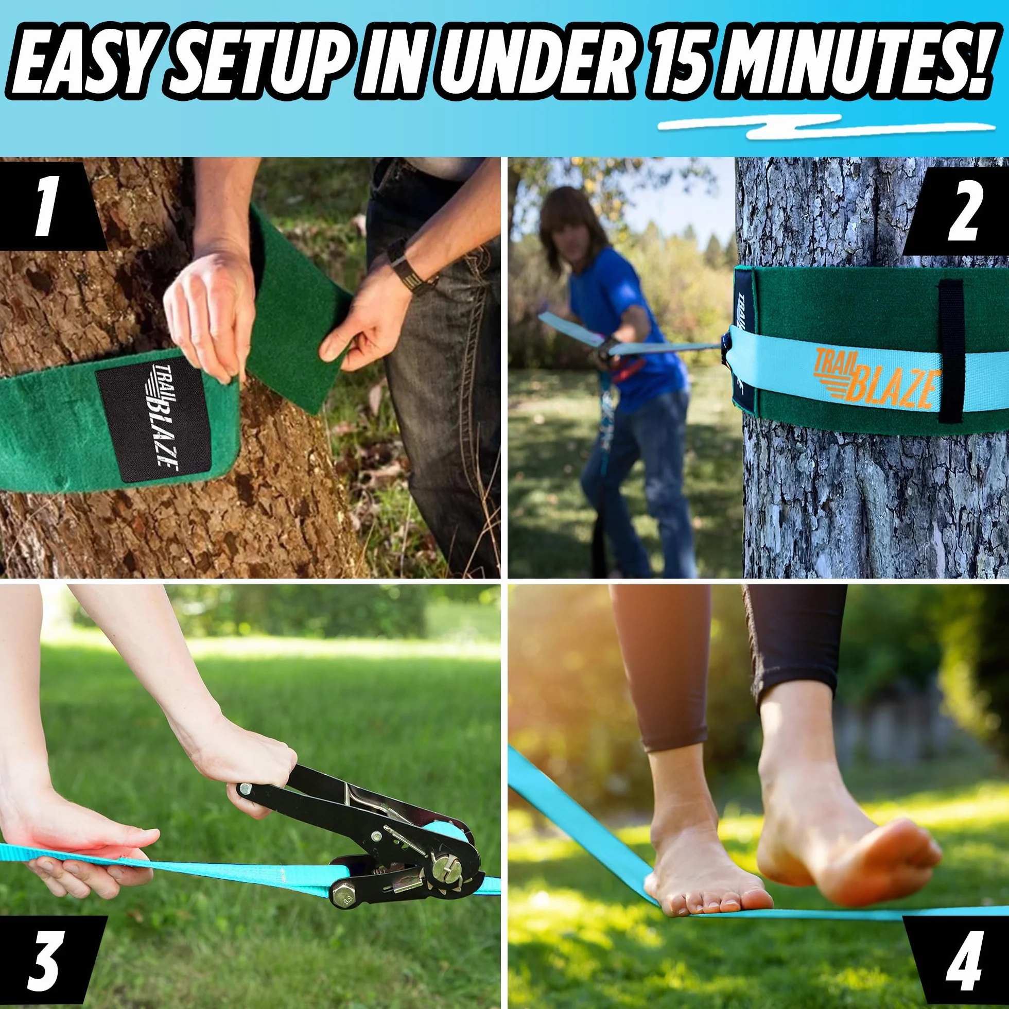 Kit Slackline Completo - Kit de Principiante con Protectores de árboles, Trinquete Tensor Revestido - Set de 18,5 Metros de Bandas para Entrenamiento de fácil instalación