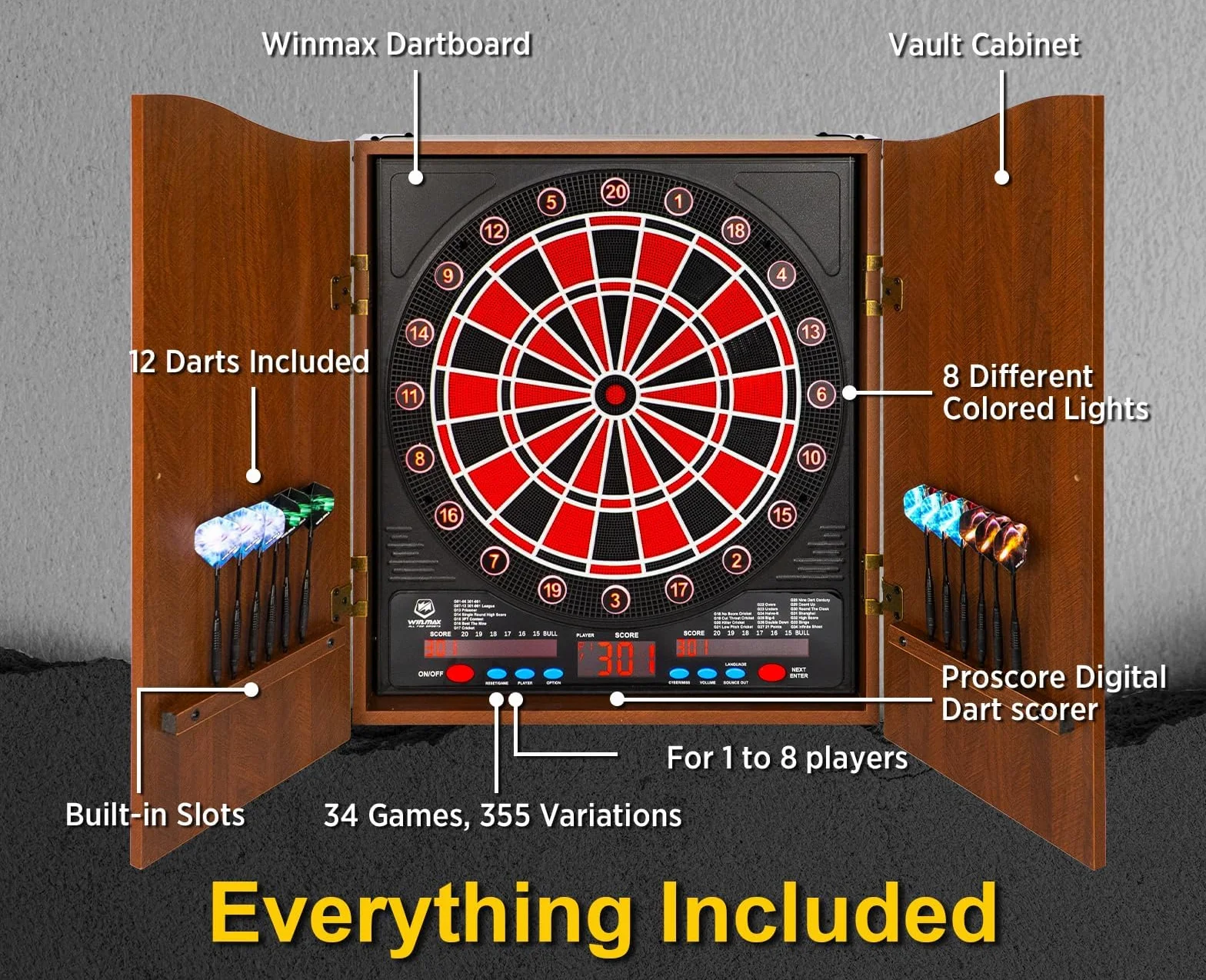 WIN.MAX Dianas Electrónicas de Dardos, Decorativo Diana Dardos Gabinete Set Ofrece 34 Juegos para hasta 8 Jugadores Incluyendo 12 Flechas de Punta Suave
