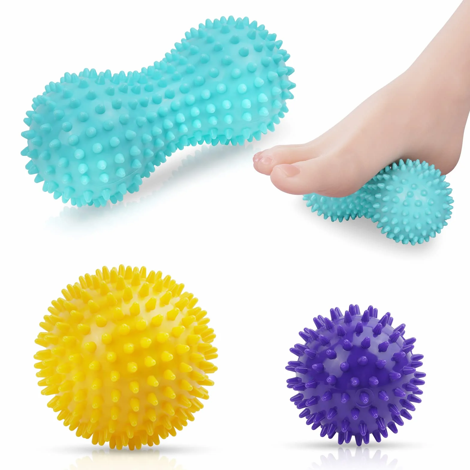 Bolas Masaje 3 Piezas Pelota Masaje Muscular con Pinchos Masajeador Rehabilitación Fascitis Plantar Fisioterapia Cervicales Morado