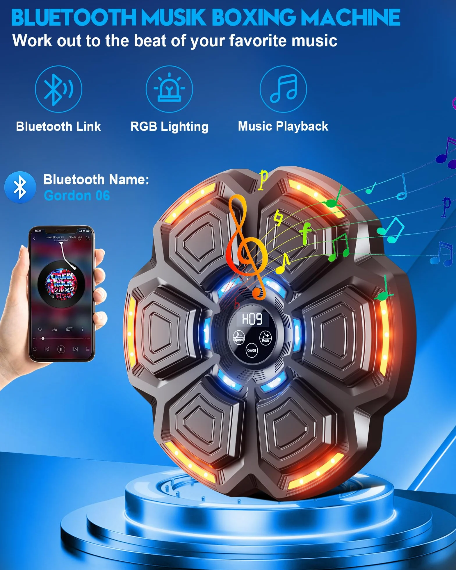 Máquina de Boxeo Musical con Bluetooth, 9 Modos de Velocidad, Recuento Inteligente y Luces al Ritmo de la Música