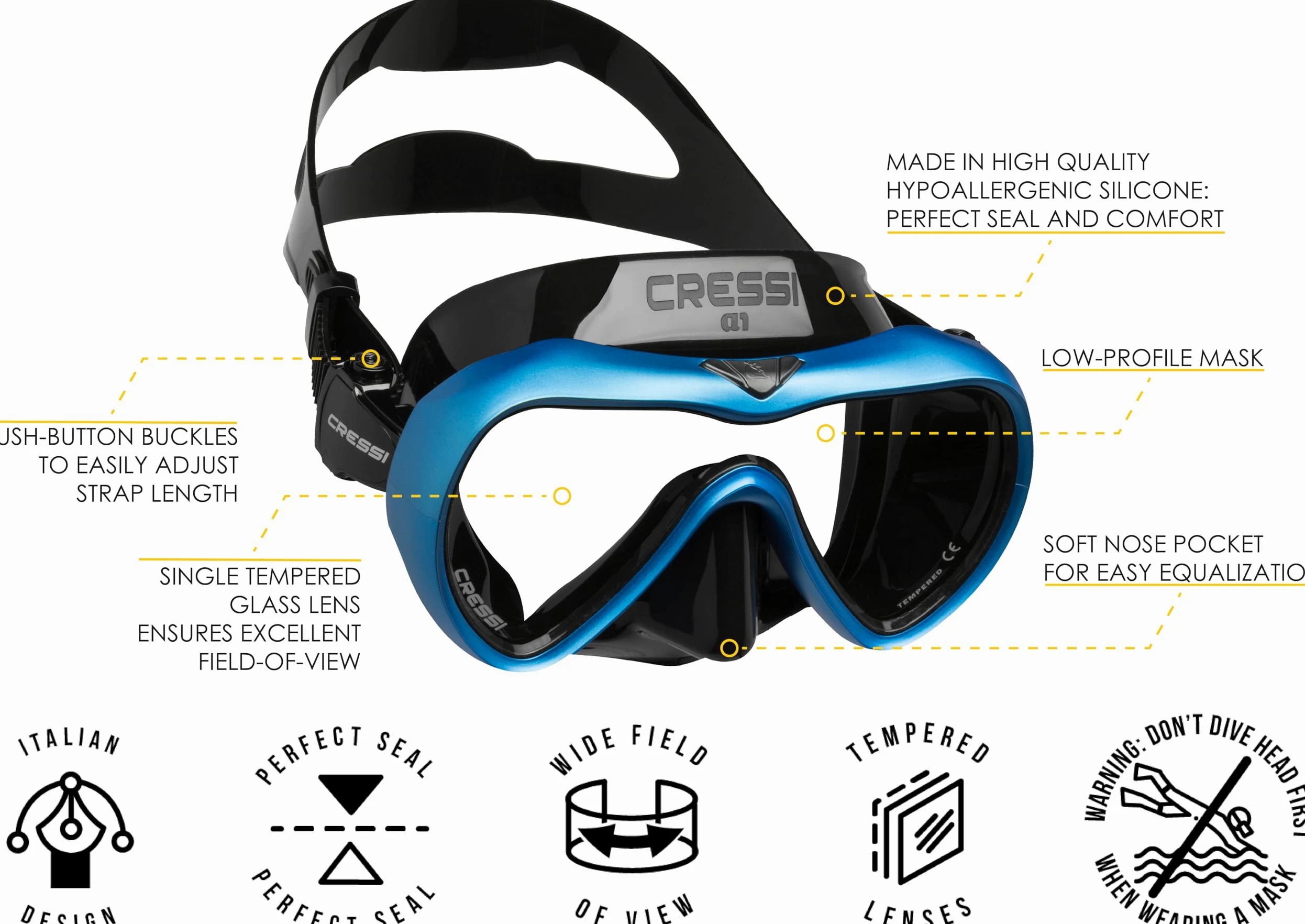 Cressi A1 Mask Lens Anti Fog - Máscara de Buceo y apnea con Lentes antiniebla, Talla única, Adultos