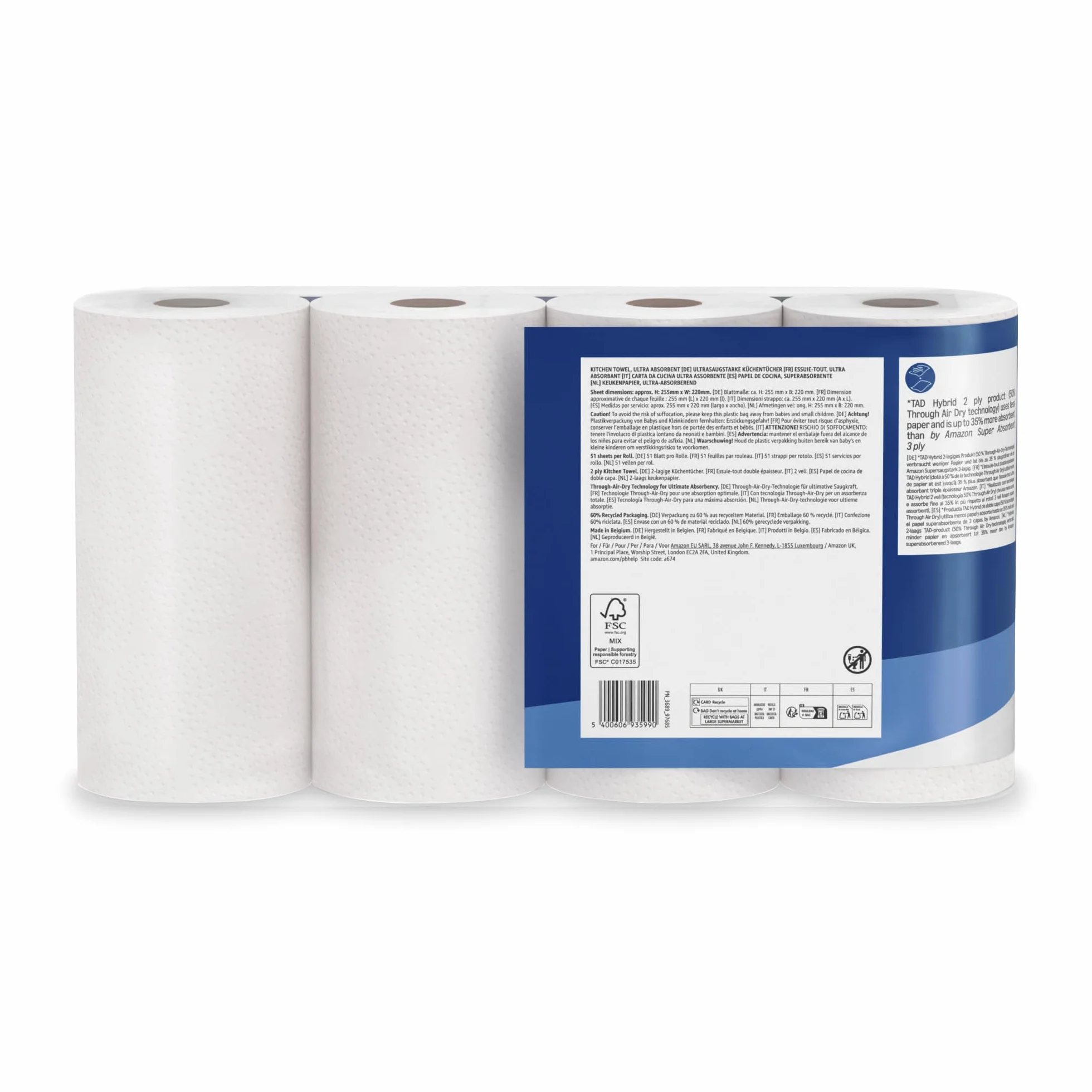by Amazon rollo de cocina TAD ultra absorbente, 32 rollos, 51 hojas, certificado FSC