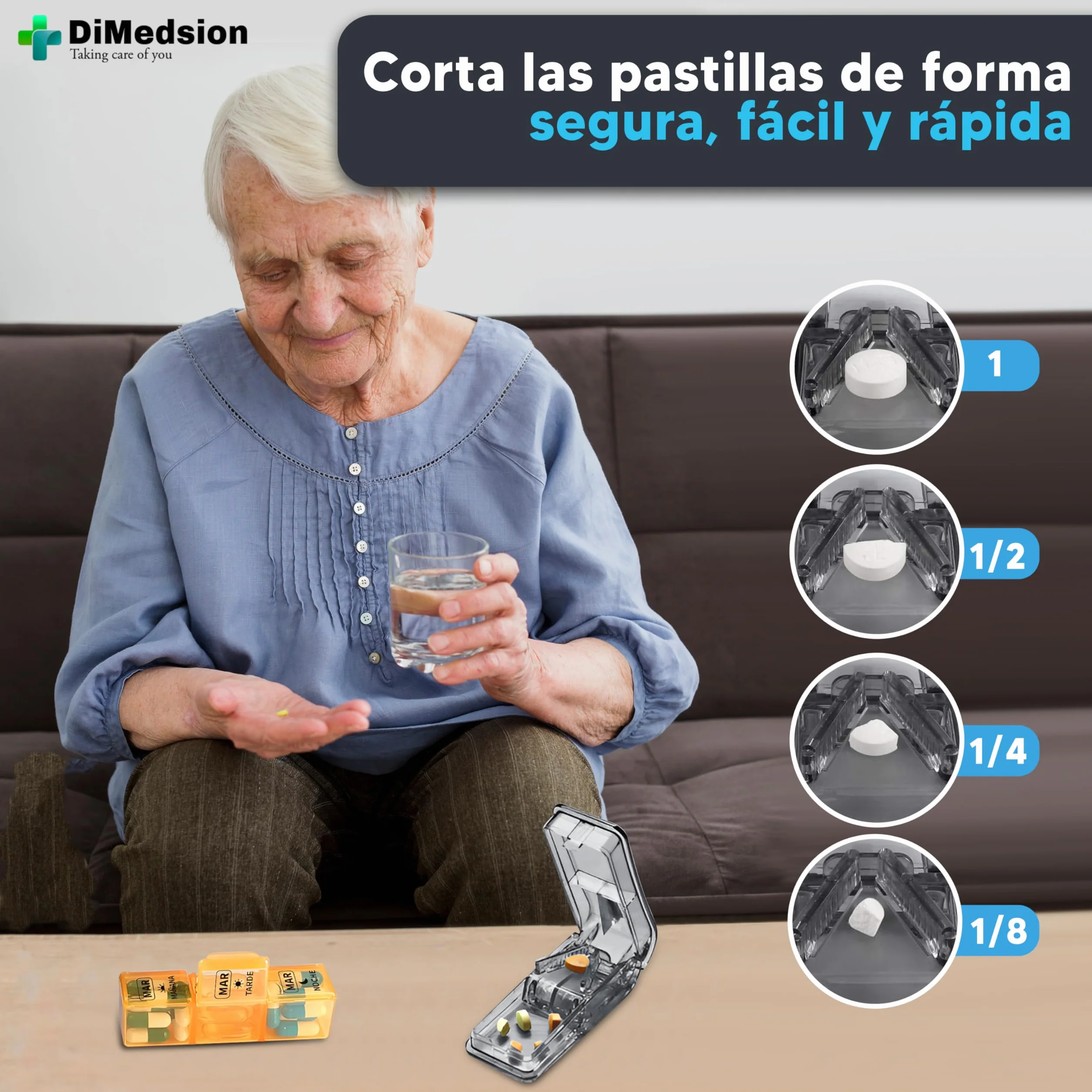 Pastillero Semanal 3 Tomas con Cortador y Organizador Medicamentos Negro